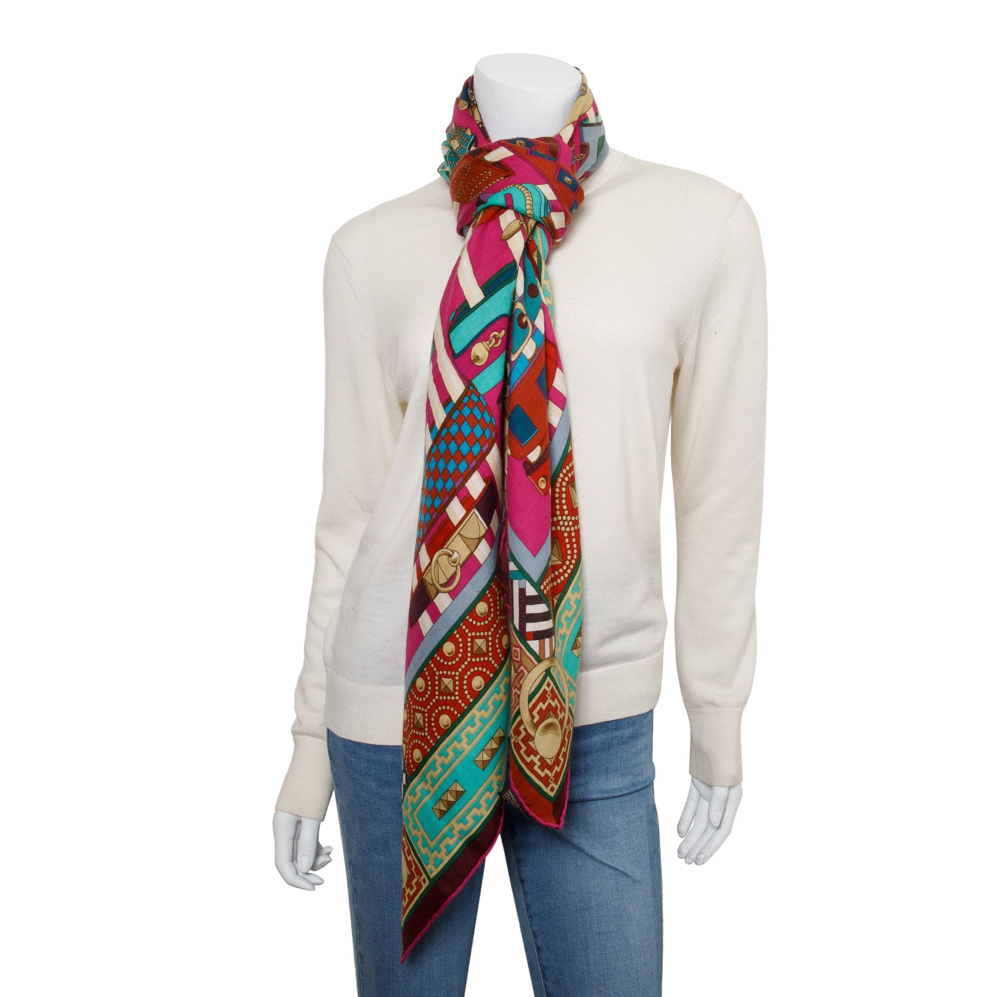 Hermes Fuschia Multicolor 'Collier De Chien' Cashmere Silk Shawl