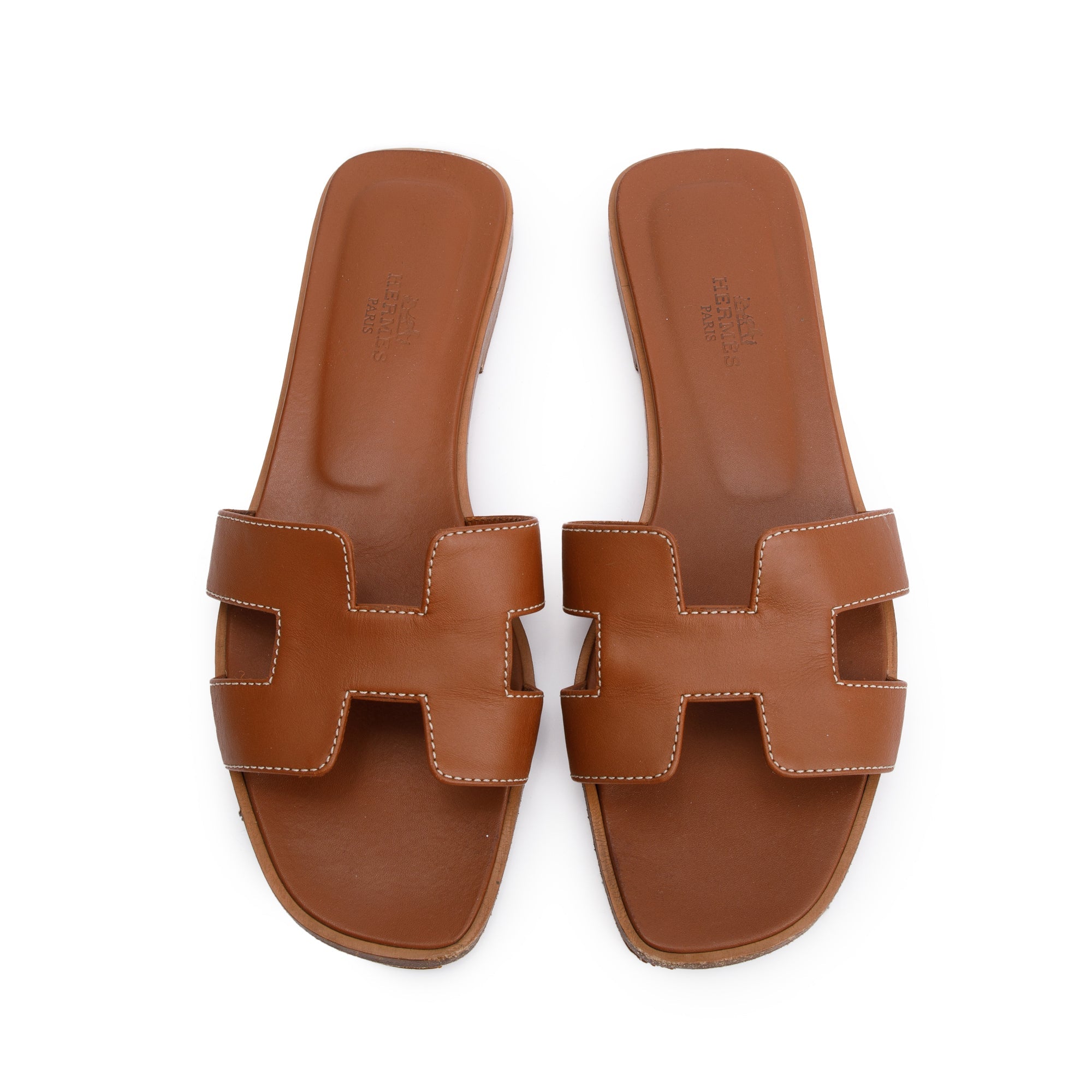 Hermes Gold Box Leather Oran Sandals, Size 37.5 w/ Box