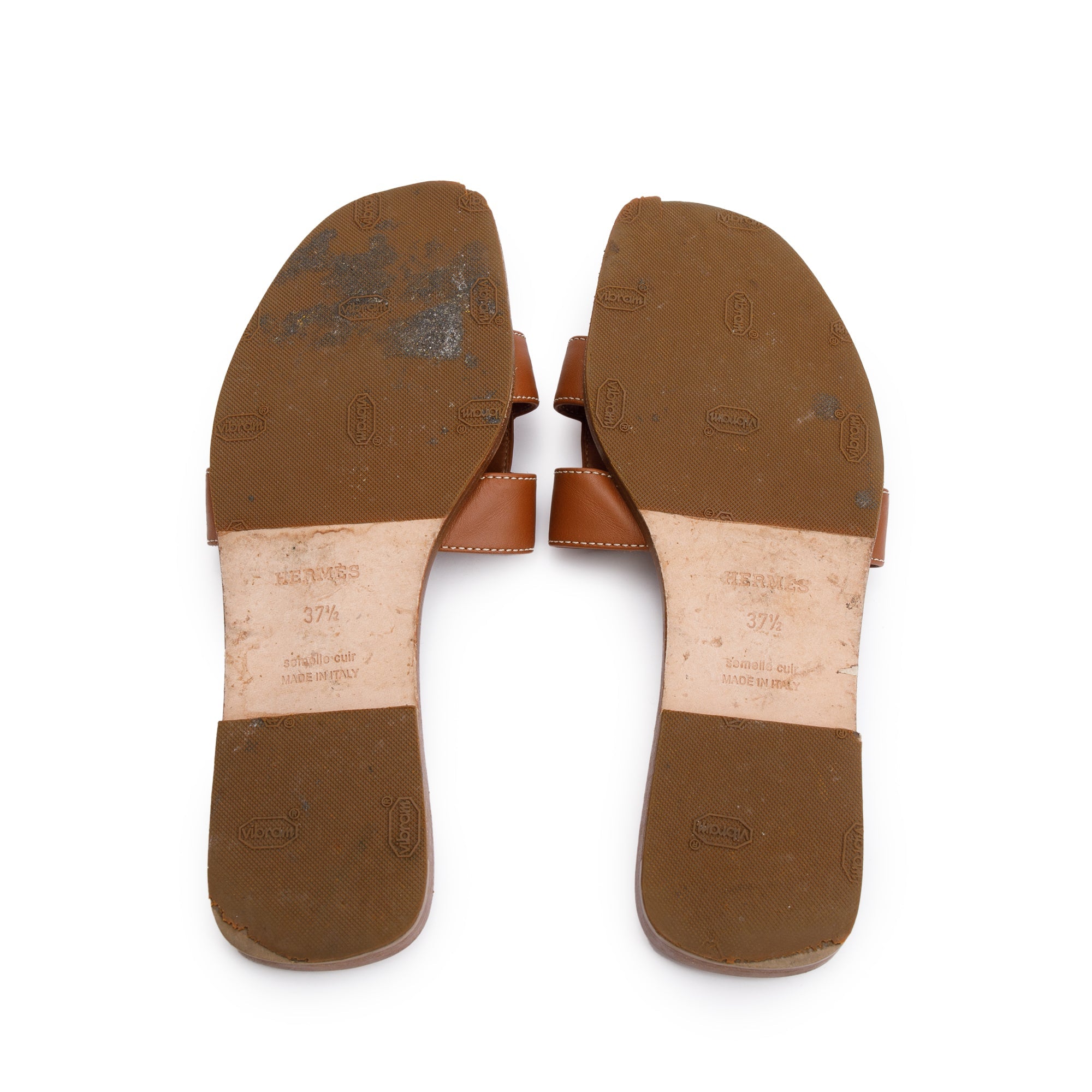 Hermes Gold Box Leather Oran Sandals, Size 37.5 w/ Box