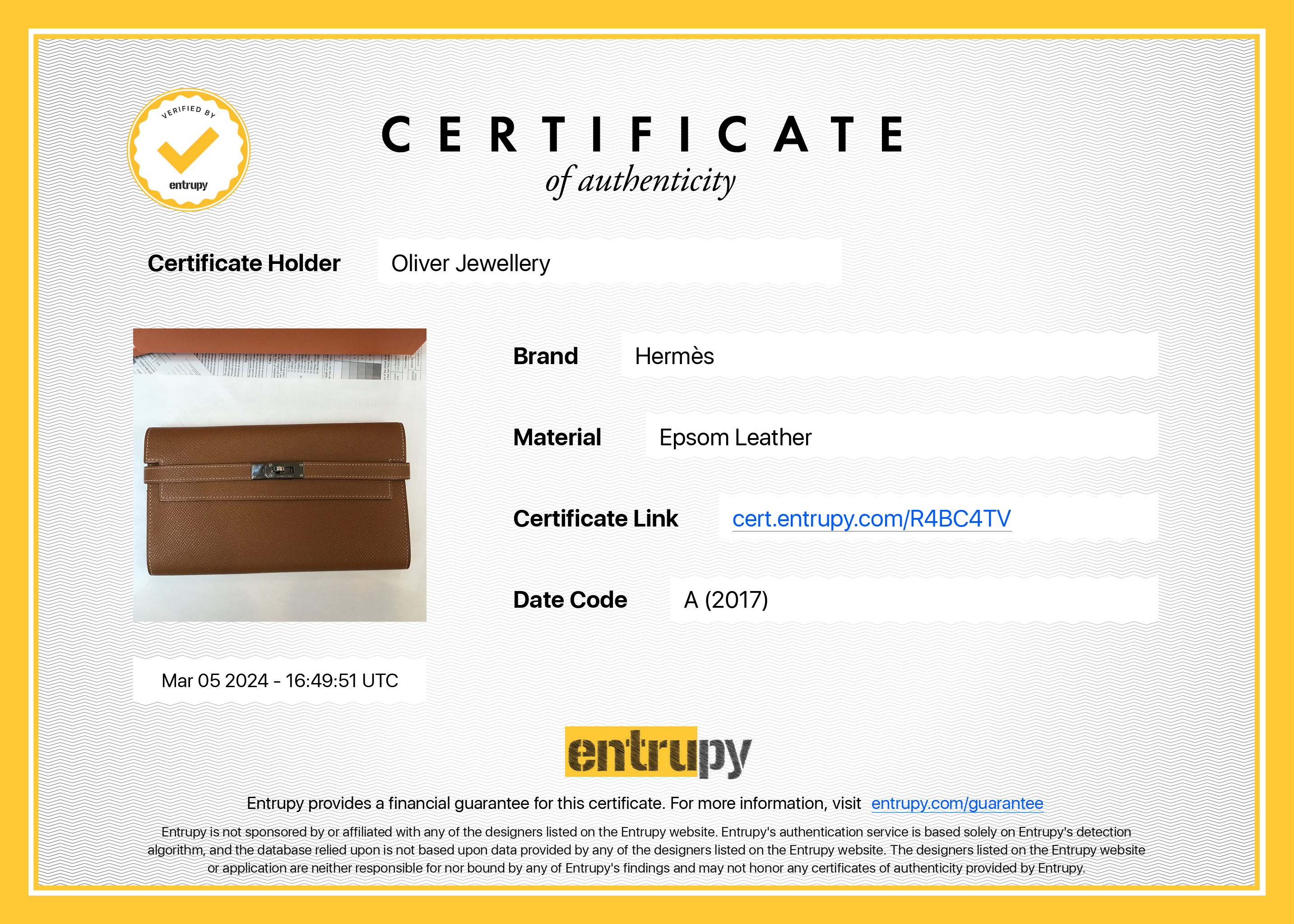 Hermes Gold Epsom Leather Classic Kelly Longue Wallet w/ Box