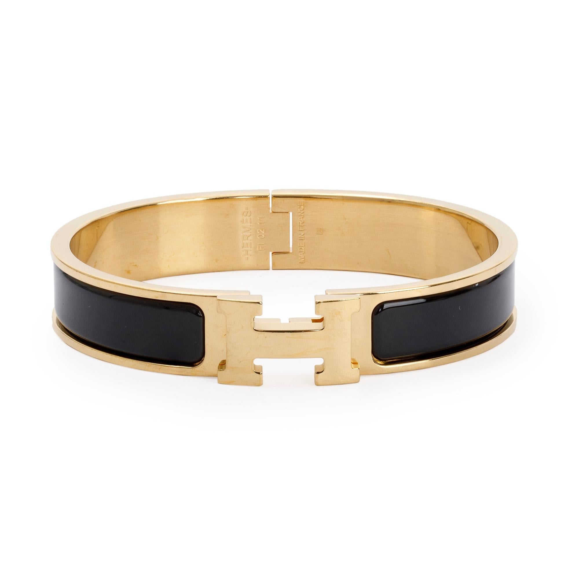 Hermes Gold-Plated Black Enamel 12 MM Clic H Bracelet