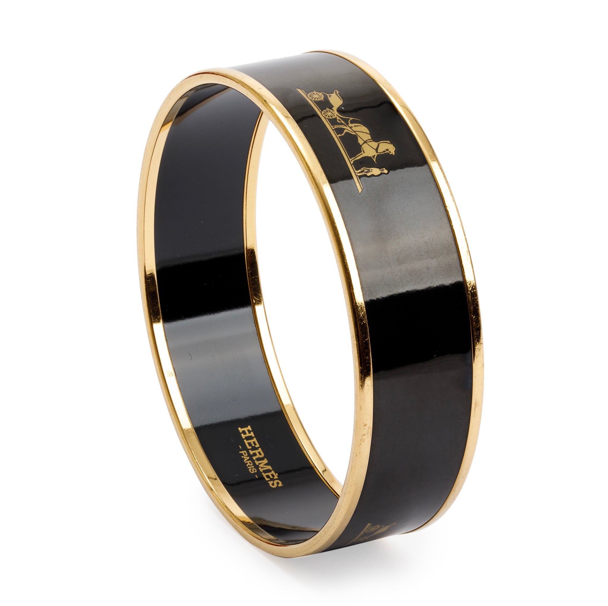 Hermes Gold-Plated Black Enamel Wide Bangle w/ Box