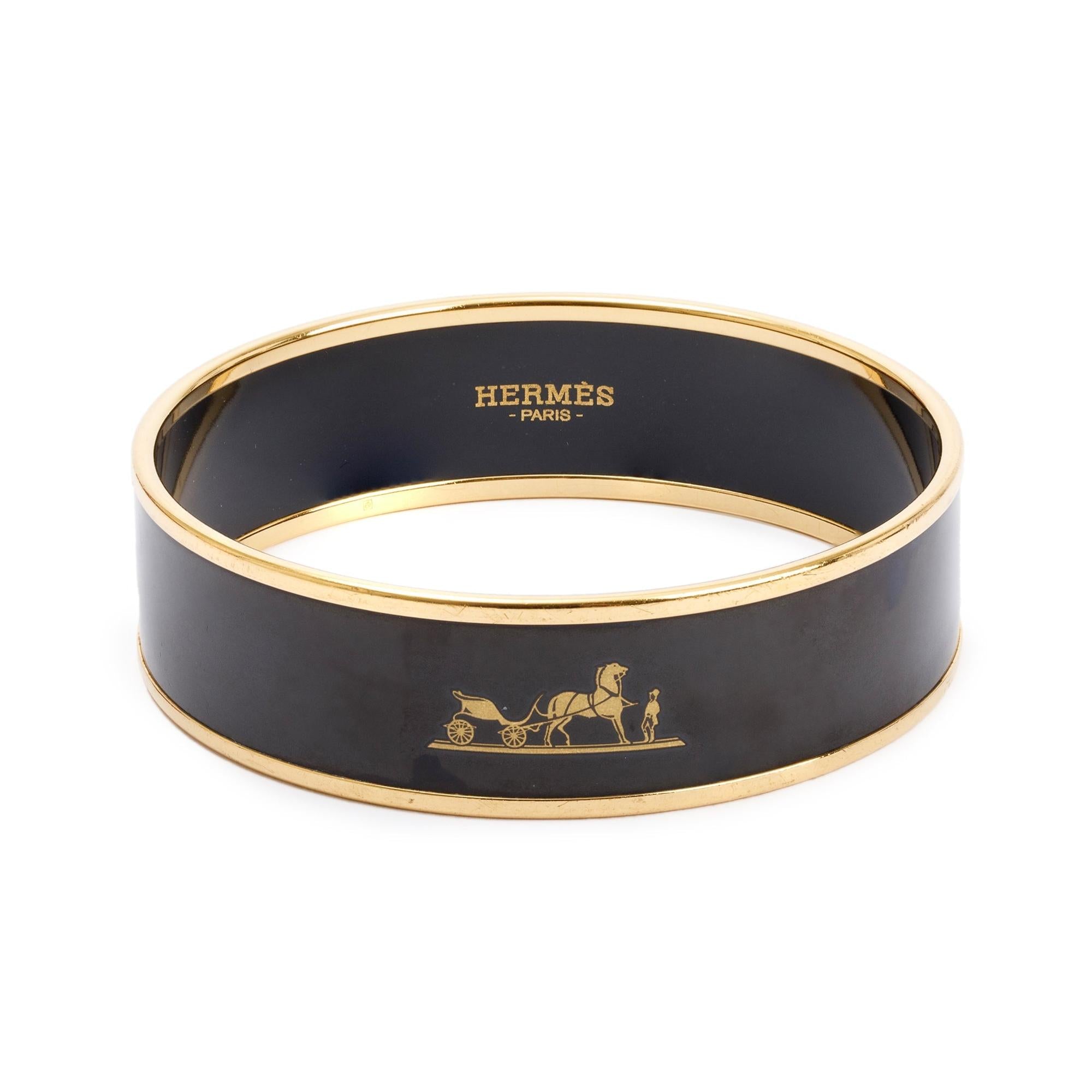 Hermes Gold-Plated Black Enamel Wide Bangle w/ Box