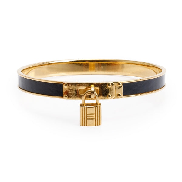 アクセサリー Hermes leather bangles Hermes Gold-Plated Black Leather Kelly Cadena Lock Bangle Bracelet
