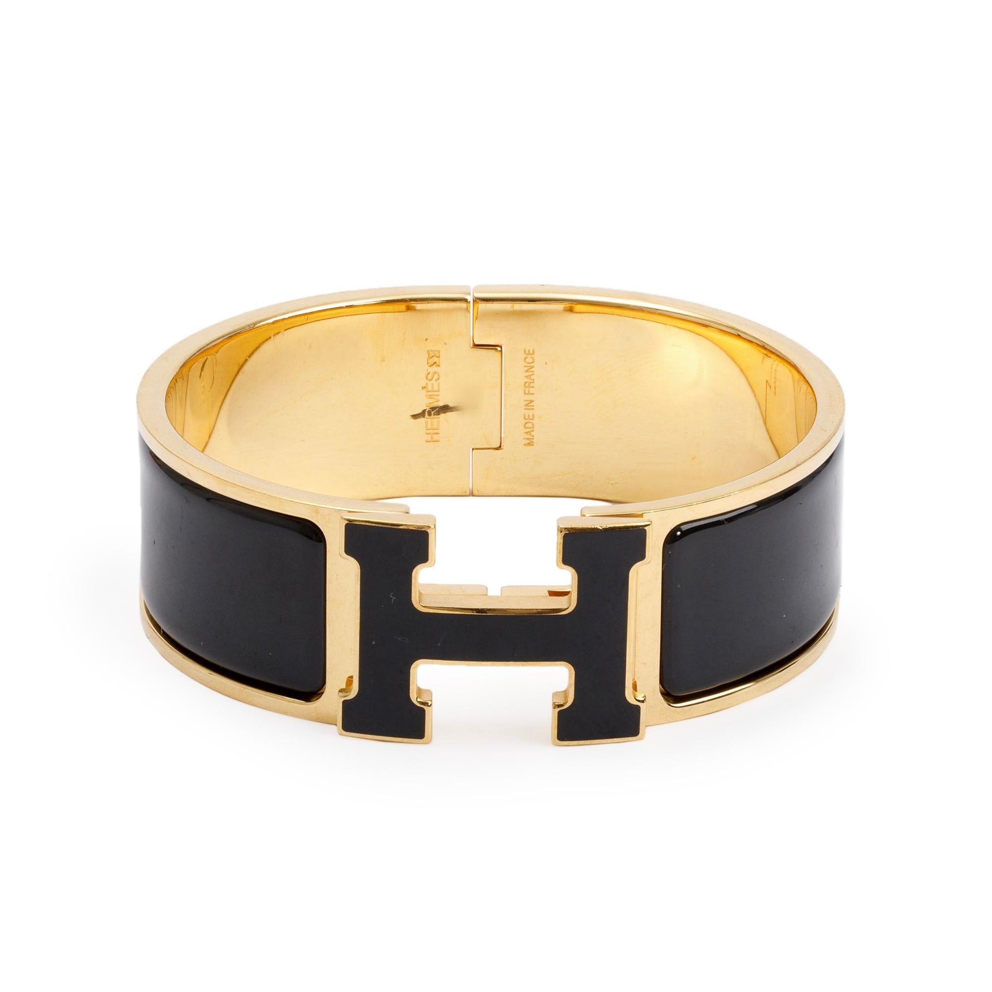 Hermes Gold-Plated Black Noir Enamel Clic Clac H Bracelet