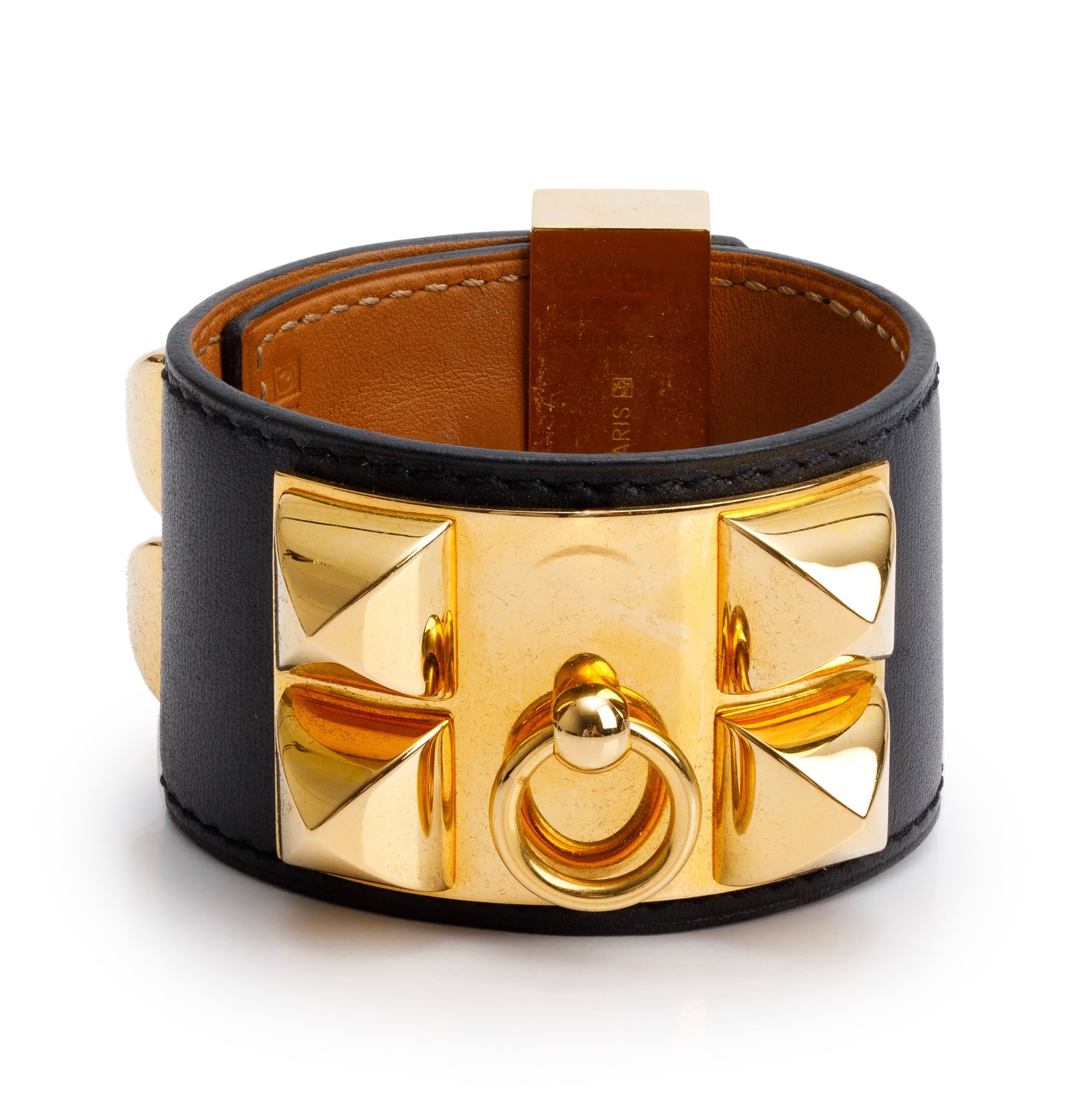 Hermes Gold-Plated Black Swift Leather Collier de Chien Bracelet, Size S