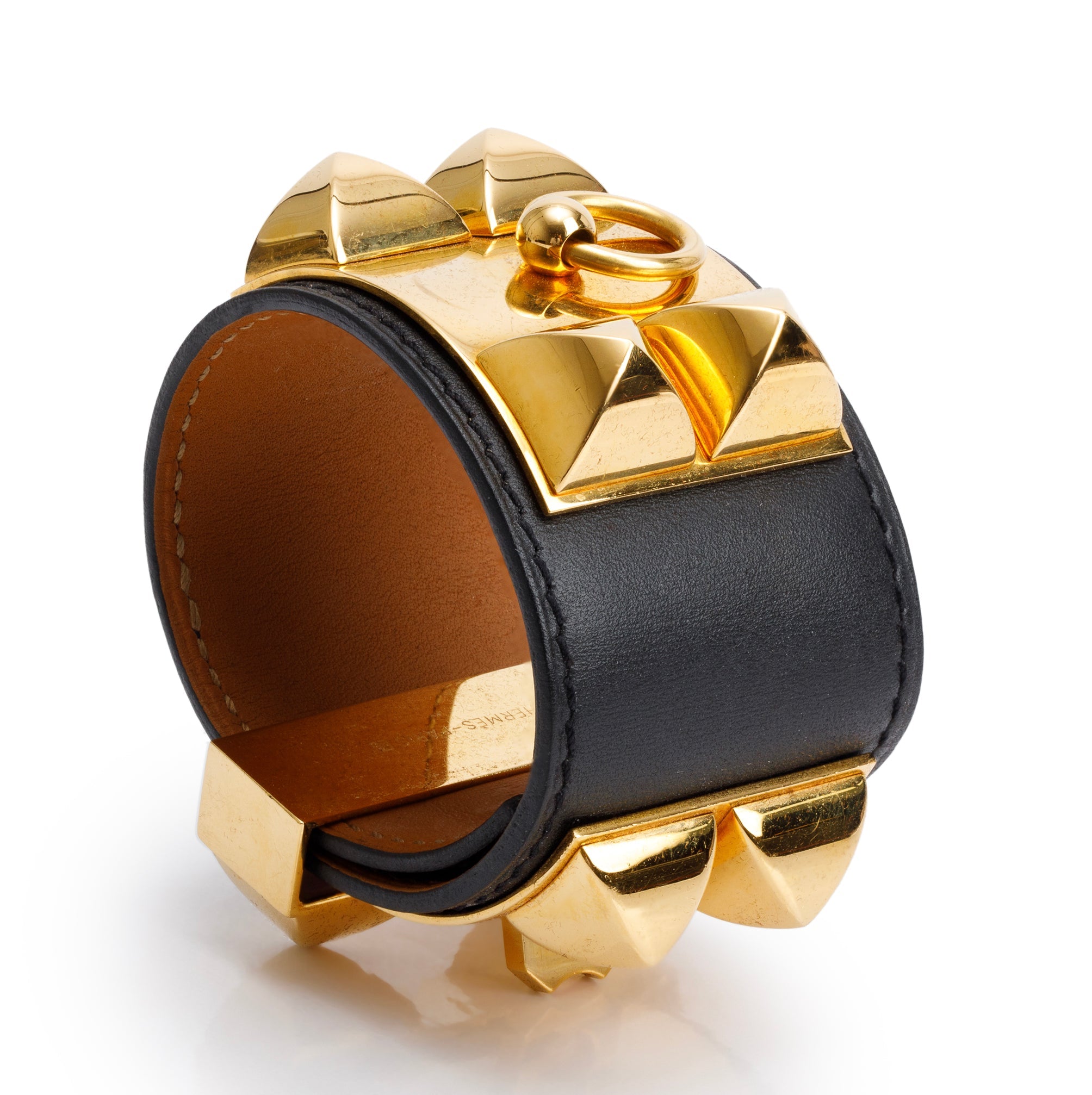 Hermes Gold-Plated Black Swift Leather Collier de Chien Bracelet, Size S