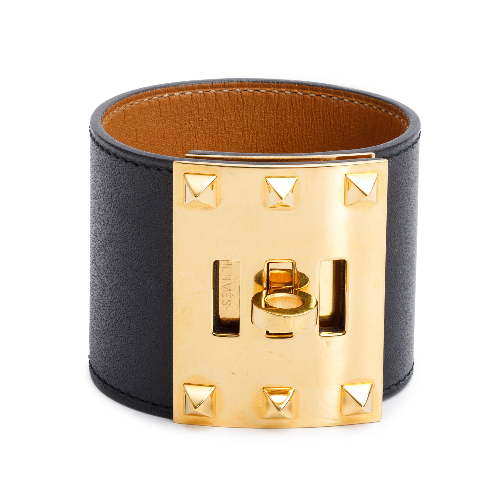 Hermes Gold-Plated Black Swift Leather Kelly Dog Bracelet, Size S
