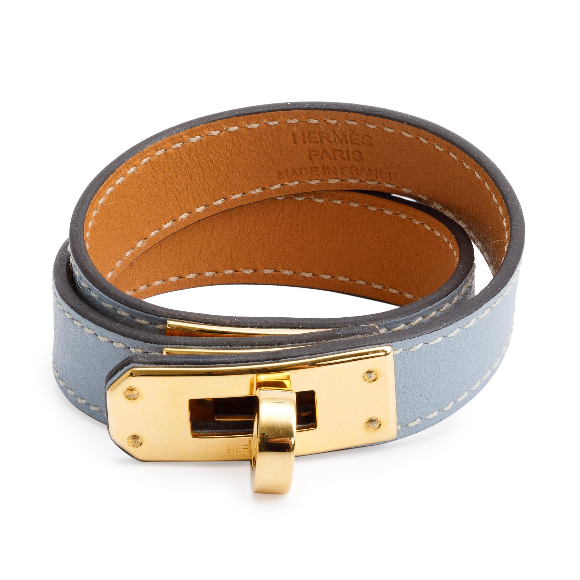 Hermes Gold Plated Blue Swift Calfskin Kelly Double Tour Bracelet, Size XS