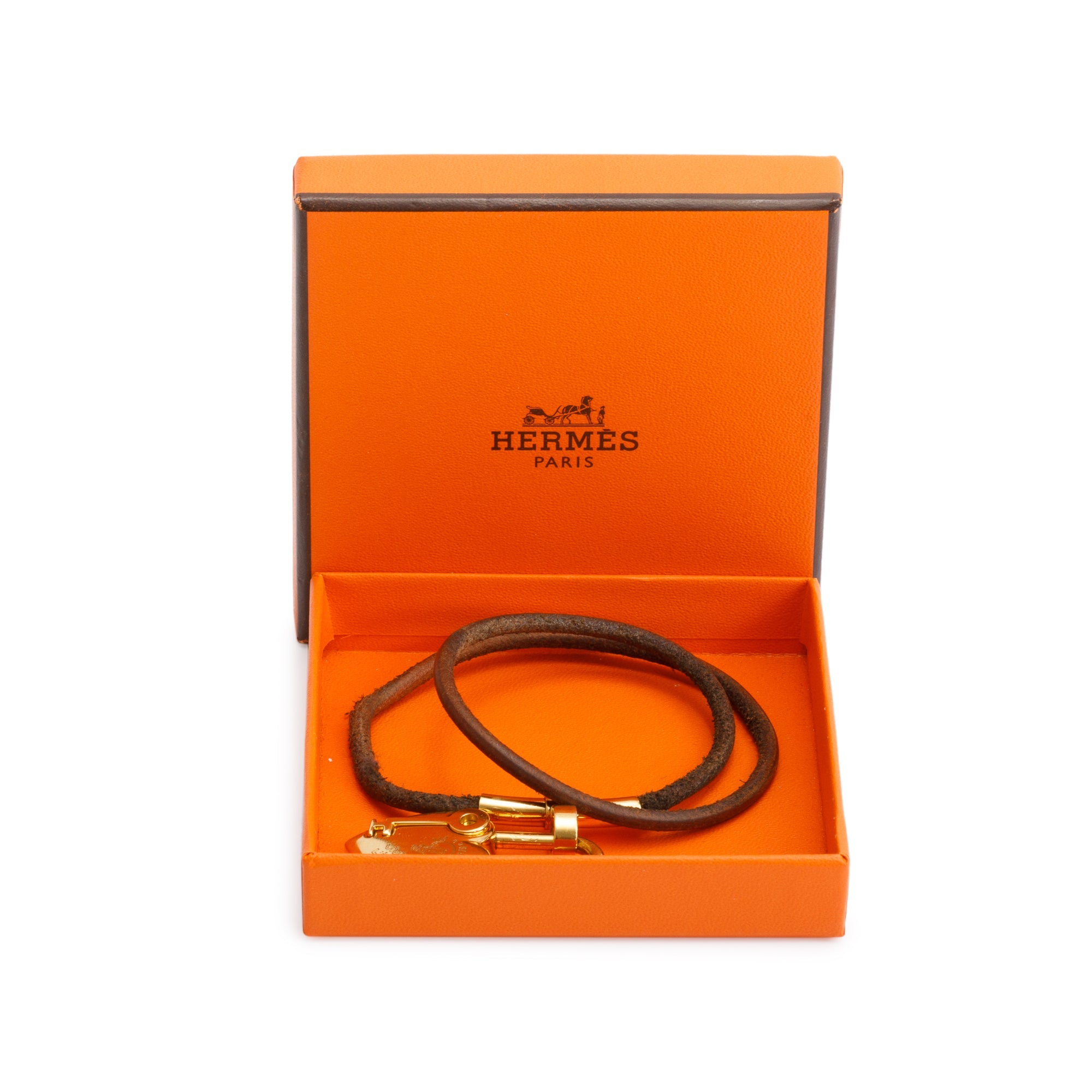 Hermes Gold Plated Brown Leather Cadena Heart Charm Double Tour Bracelet w/ Box