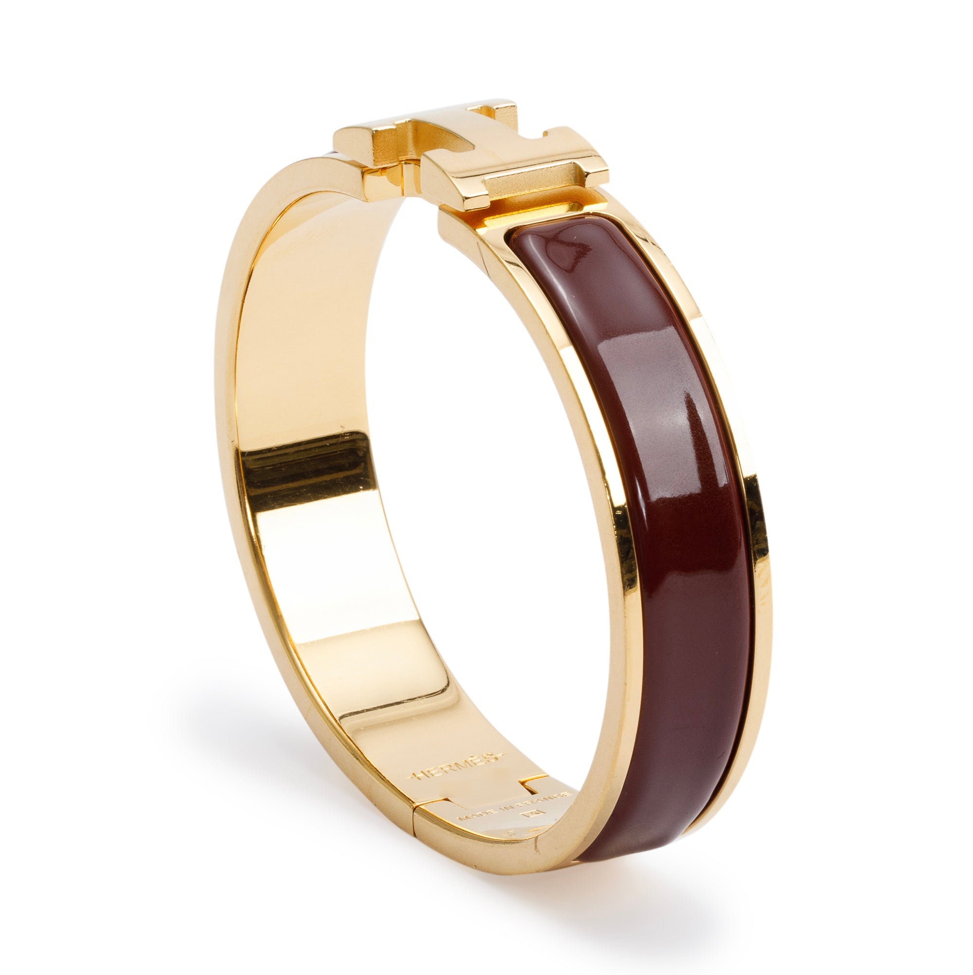 Hermes Gold Plated Burgundy Enamel 12 MM Clic H Bracelet