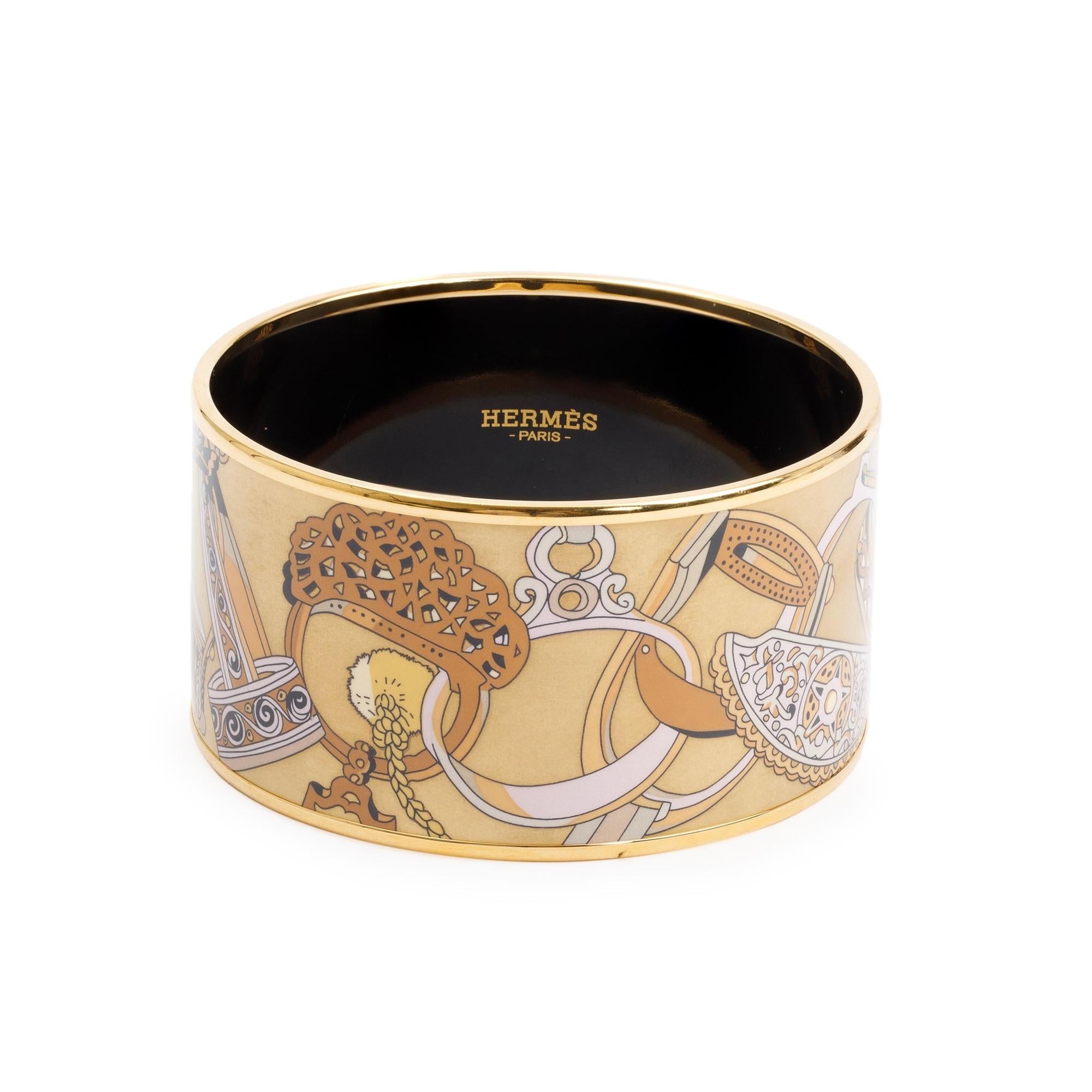 Hermes Gold-Plated 'Councours d'Etrier' Enamel Extra Wide Bangle Bracelet