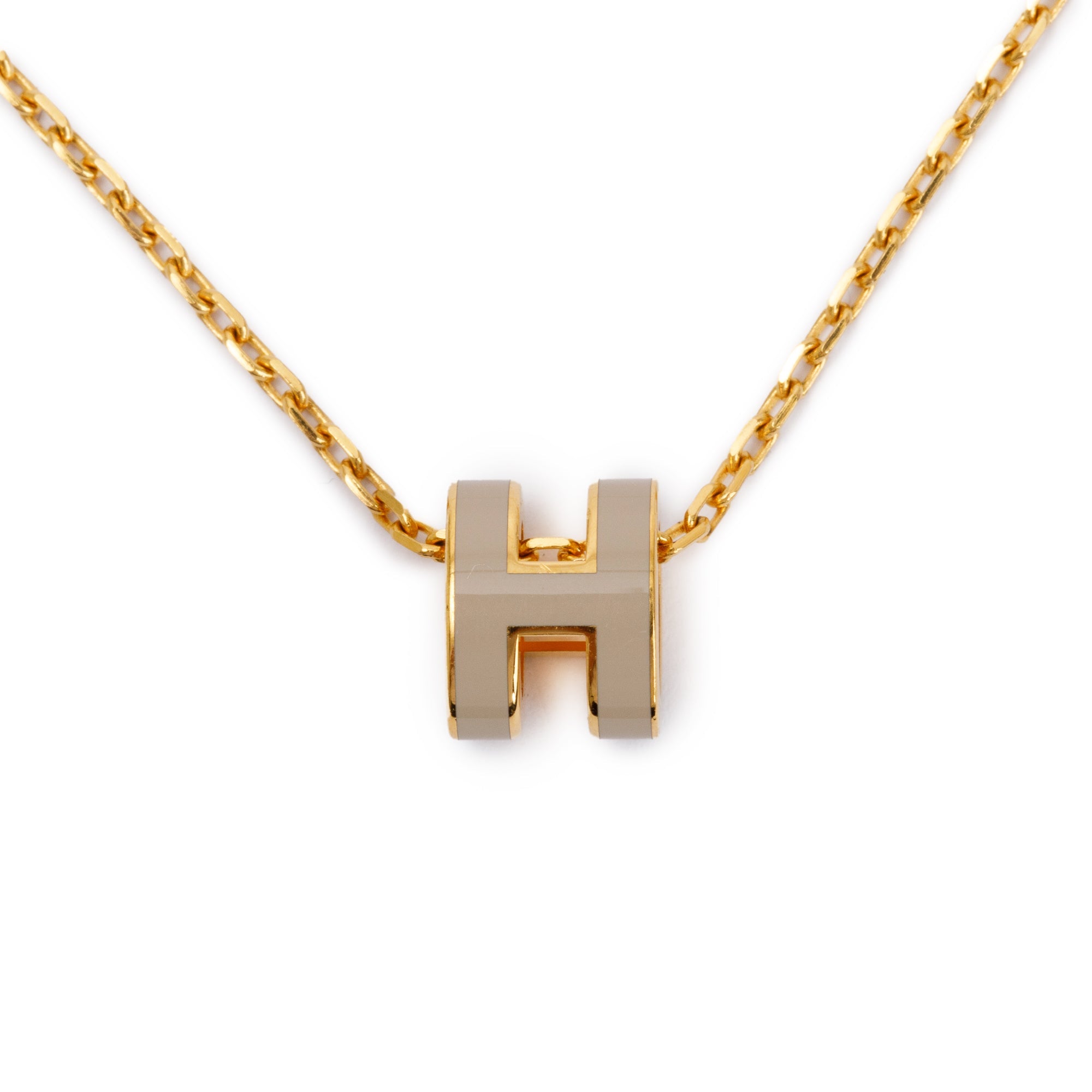 Hermes Gold-Plated Creme Lacquered Mini Pop H Pendant Necklace w/ Box