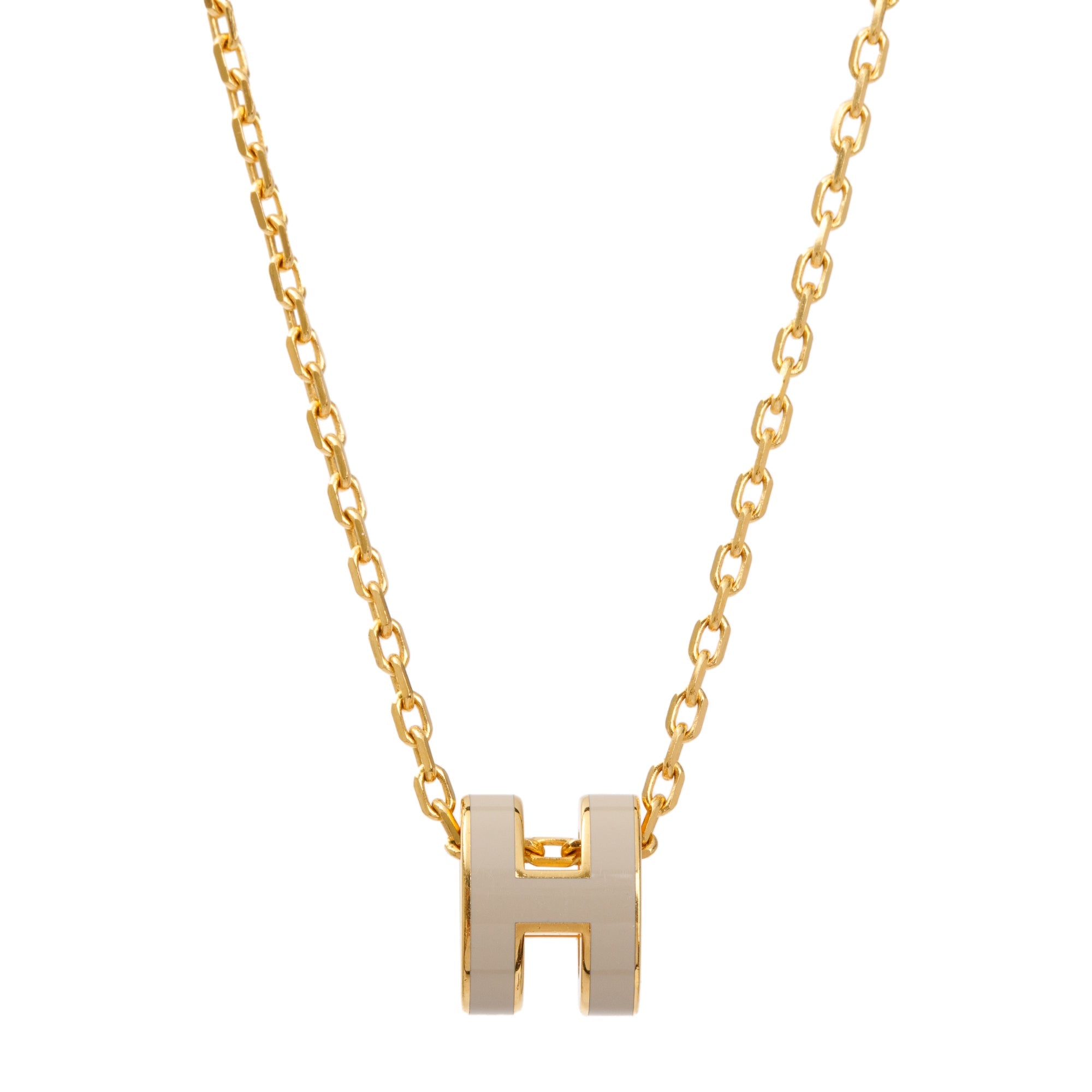 Hermes Gold-Plated Creme Lacquered Mini Pop H Pendant Necklace w/ Box