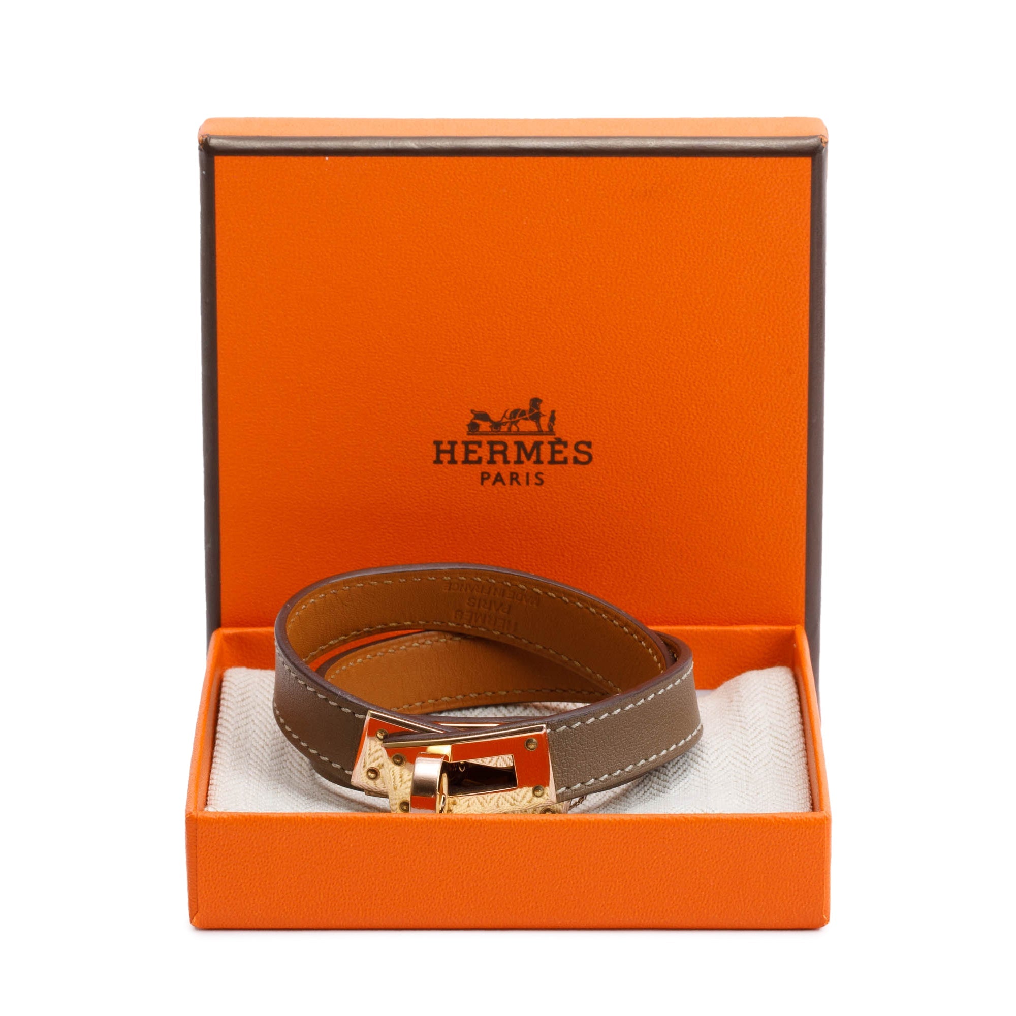 Hermes Gold Plated Etoupe Swift Calfskin Kelly Double Tour Bracelet w/ Box, Size S