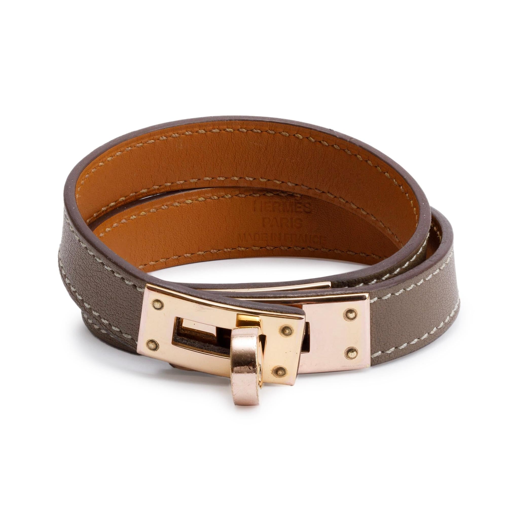 Hermes Gold Plated Etoupe Swift Calfskin Kelly Double Tour Bracelet w/ Box, Size S