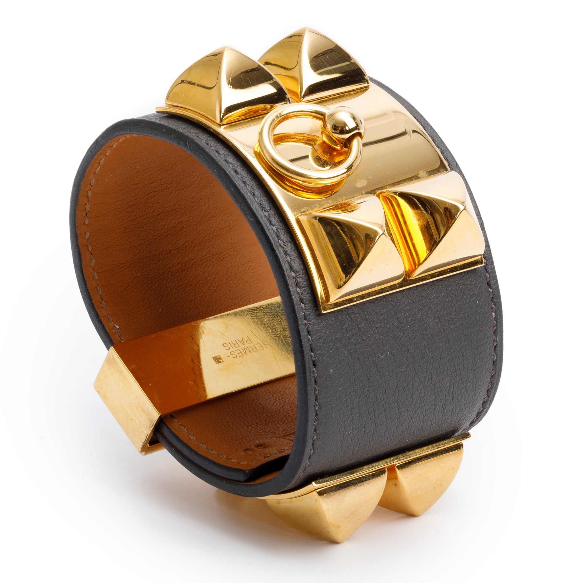 Hermes Gold-Plated Graphite Swift Leather Collier de Chien Bracelet, Size S