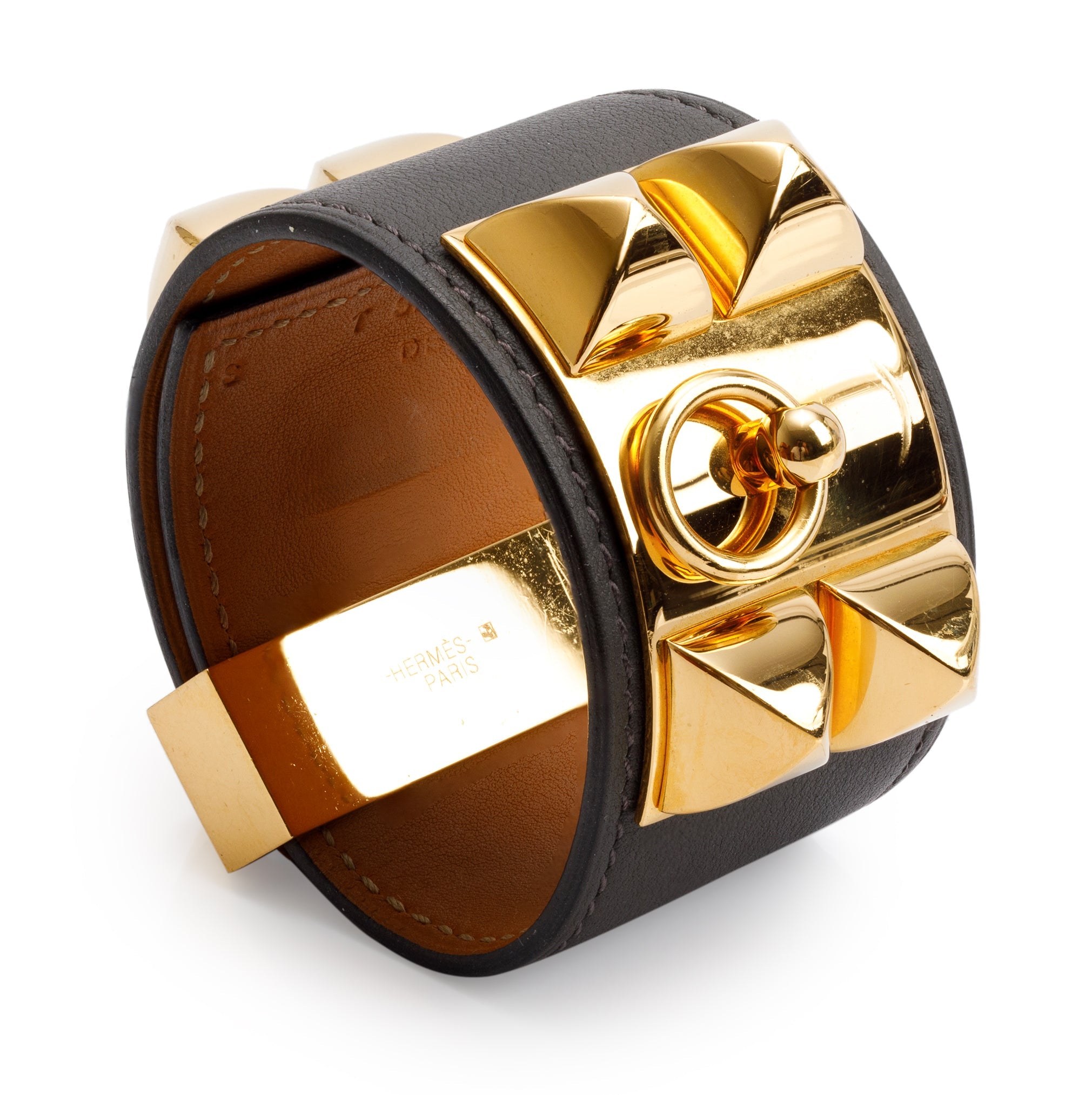 Hermes Gold-Plated Grey Swift Leather Collier de Chien Bracelet