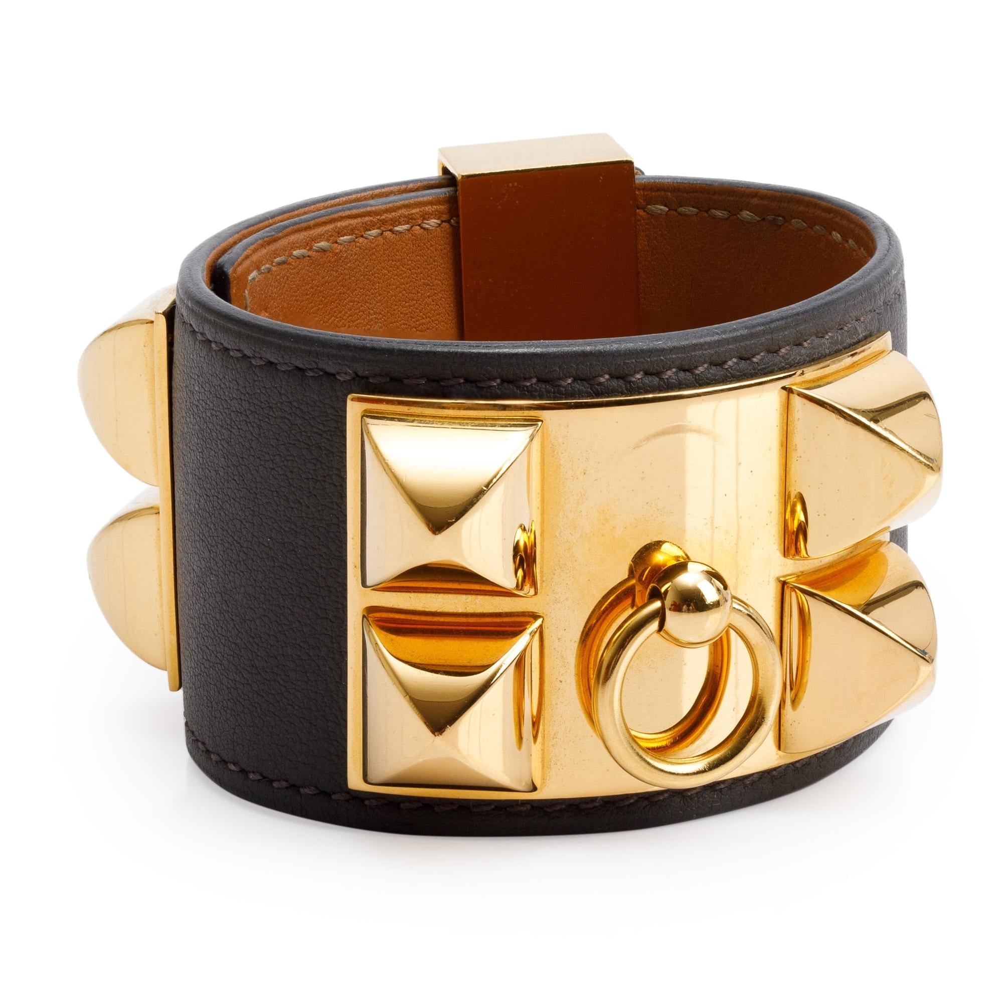 Hermes Gold-Plated Grey Swift Leather Collier de Chien Bracelet