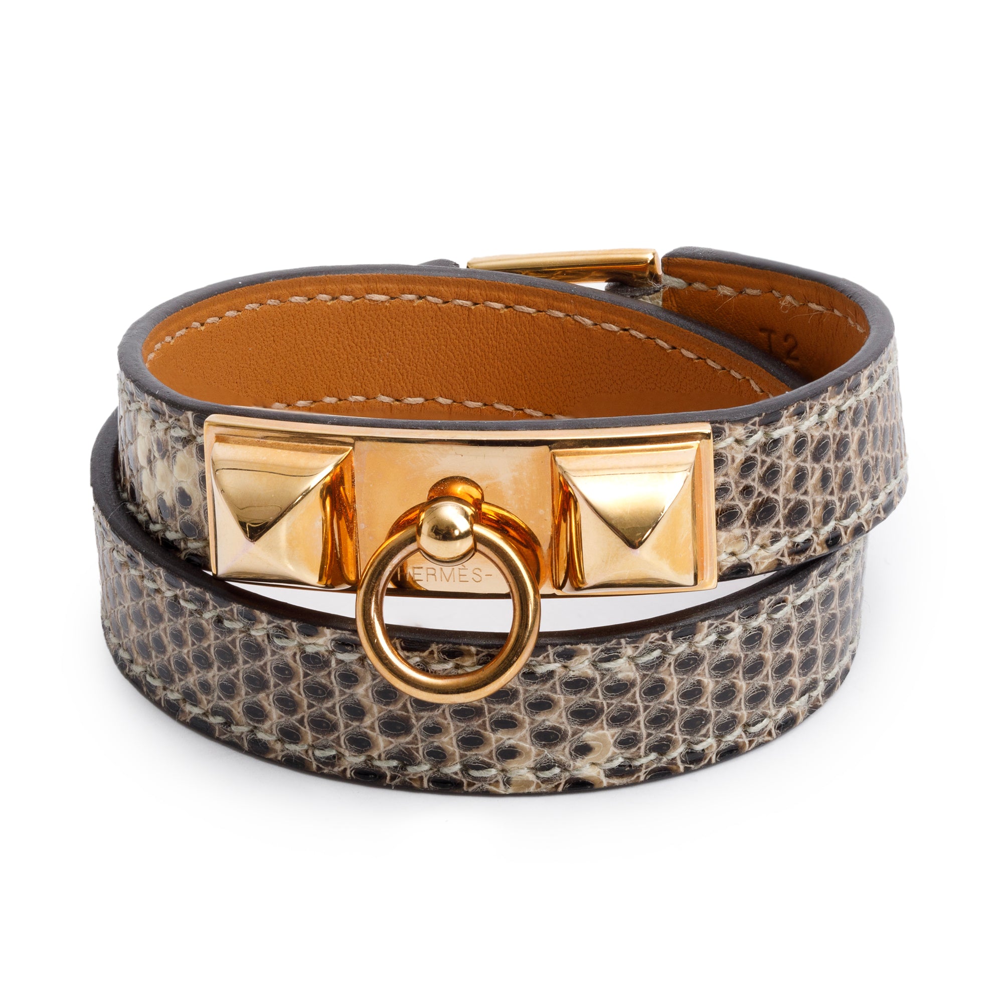 Hermes Gold Plated Lizard Rivale Double Tour Bracelet, Size T2