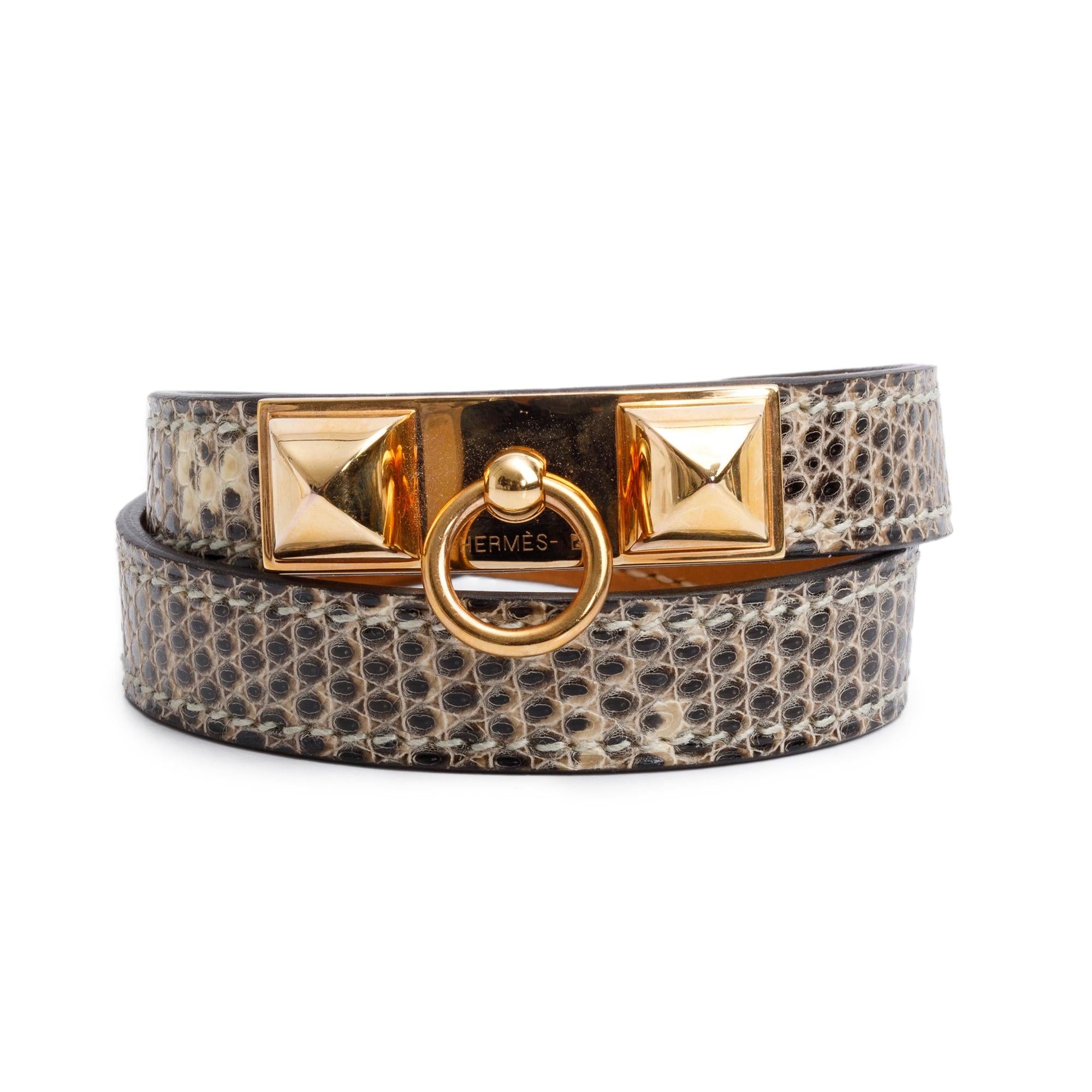 Hermes Gold Plated Lizard Rivale Double Tour Bracelet, Size T2