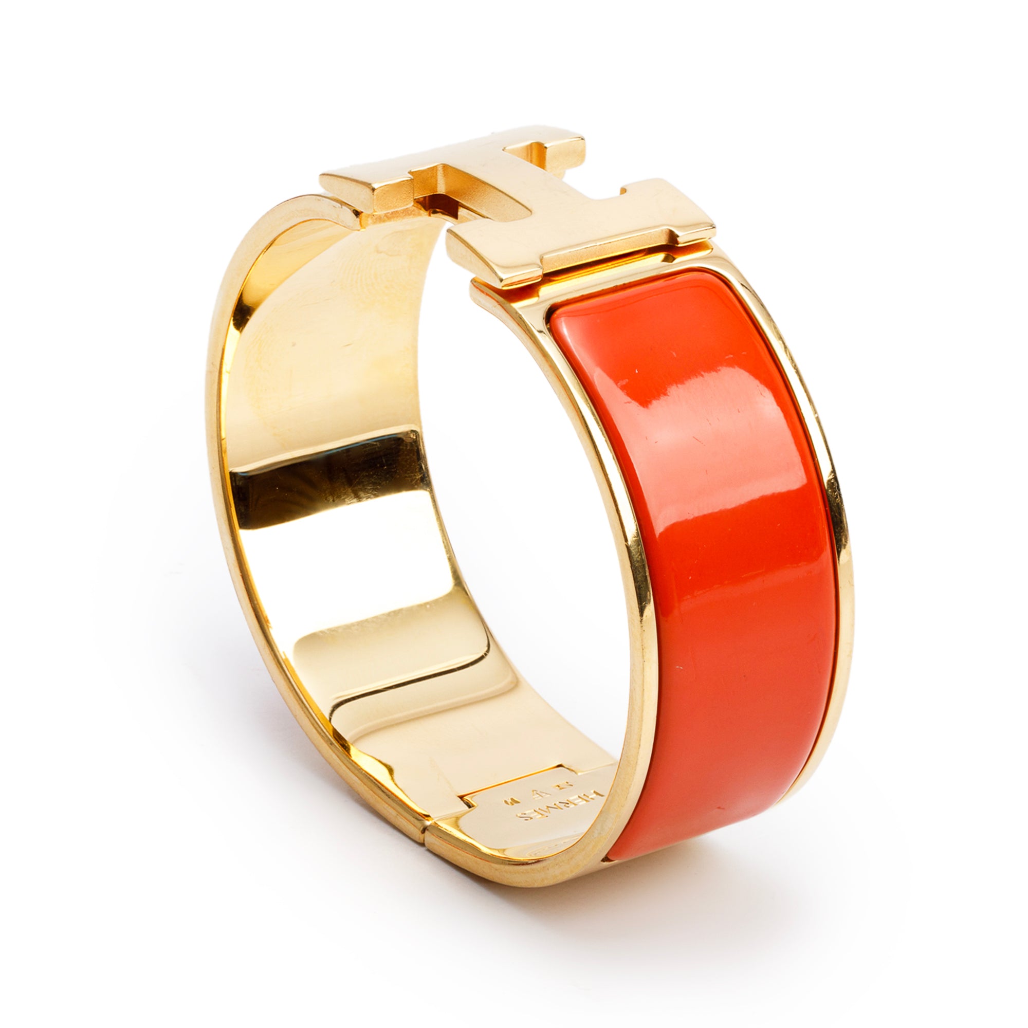 Hermes Gold-Plated Orange Enamel Clic Clac H Bracelet w/ Box