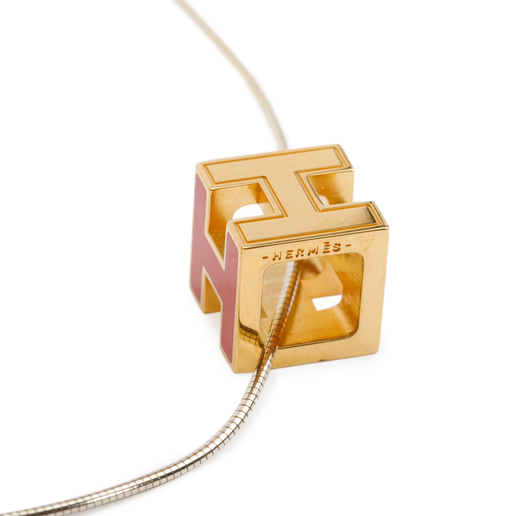 Hermes Gold-Plated Orange Enamel Pop H Cube Pendant Necklace w/ Box
