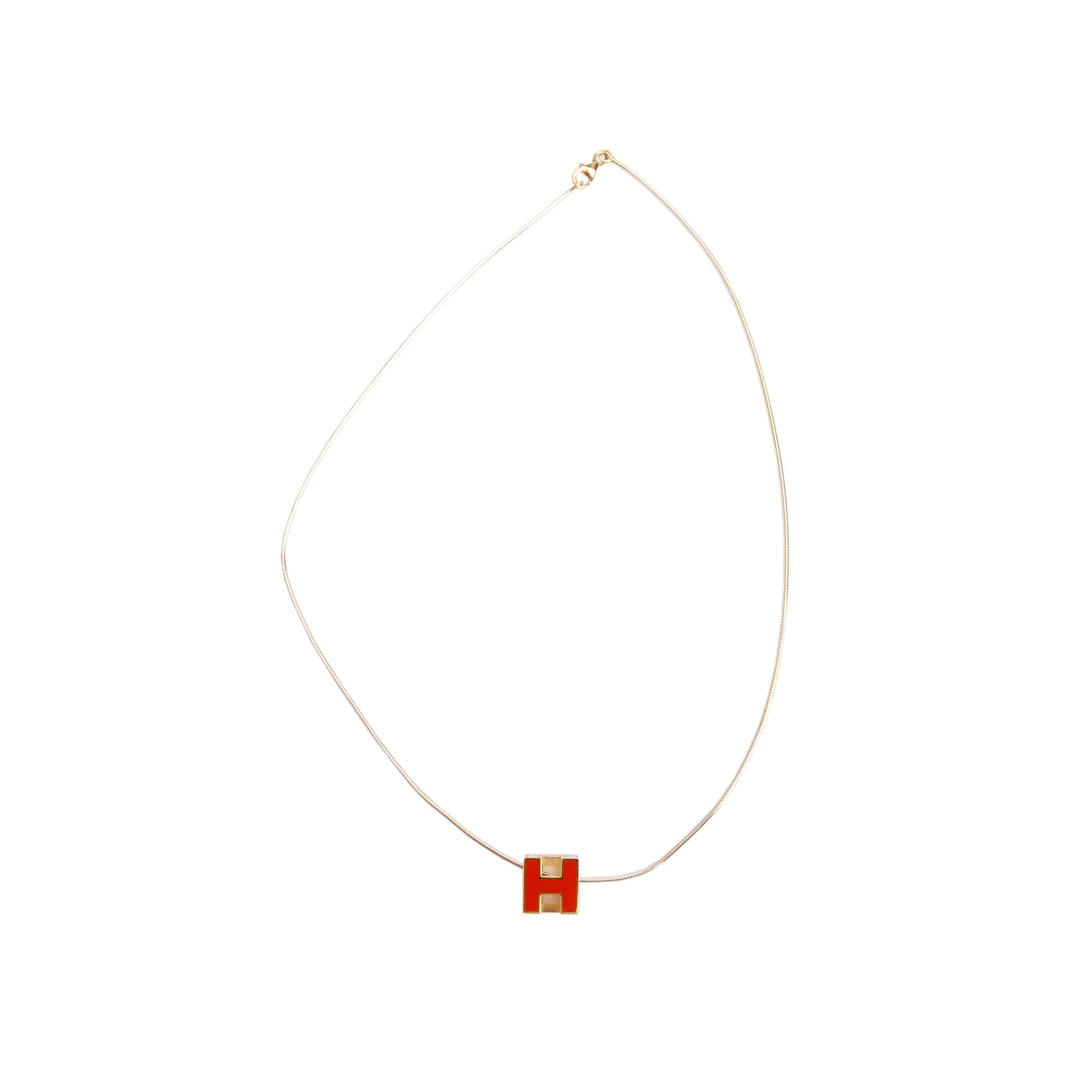 Hermes Gold-Plated Orange Enamel Pop H Cube Pendant Necklace w/ Box