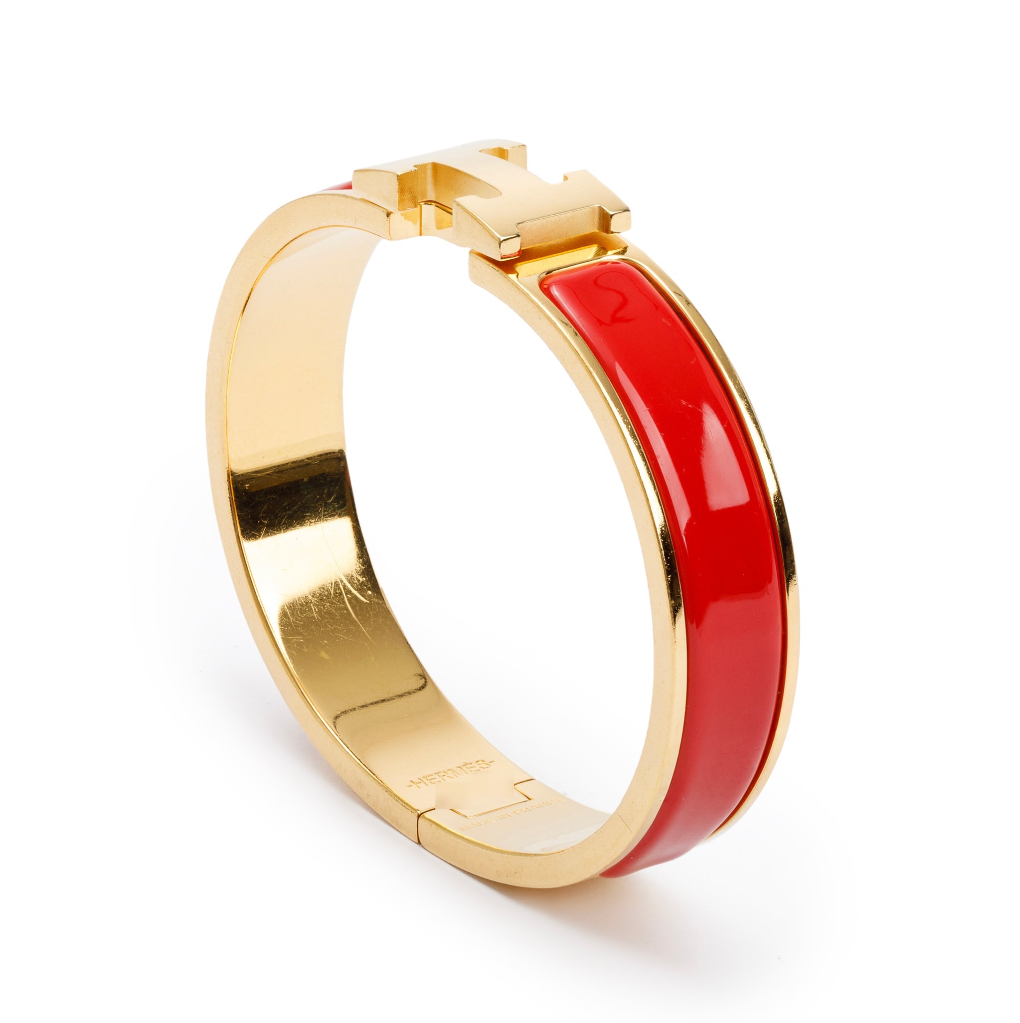 Hermes Gold-Plated Red Enamel 12 MM Clic H Bracelet w/ Box