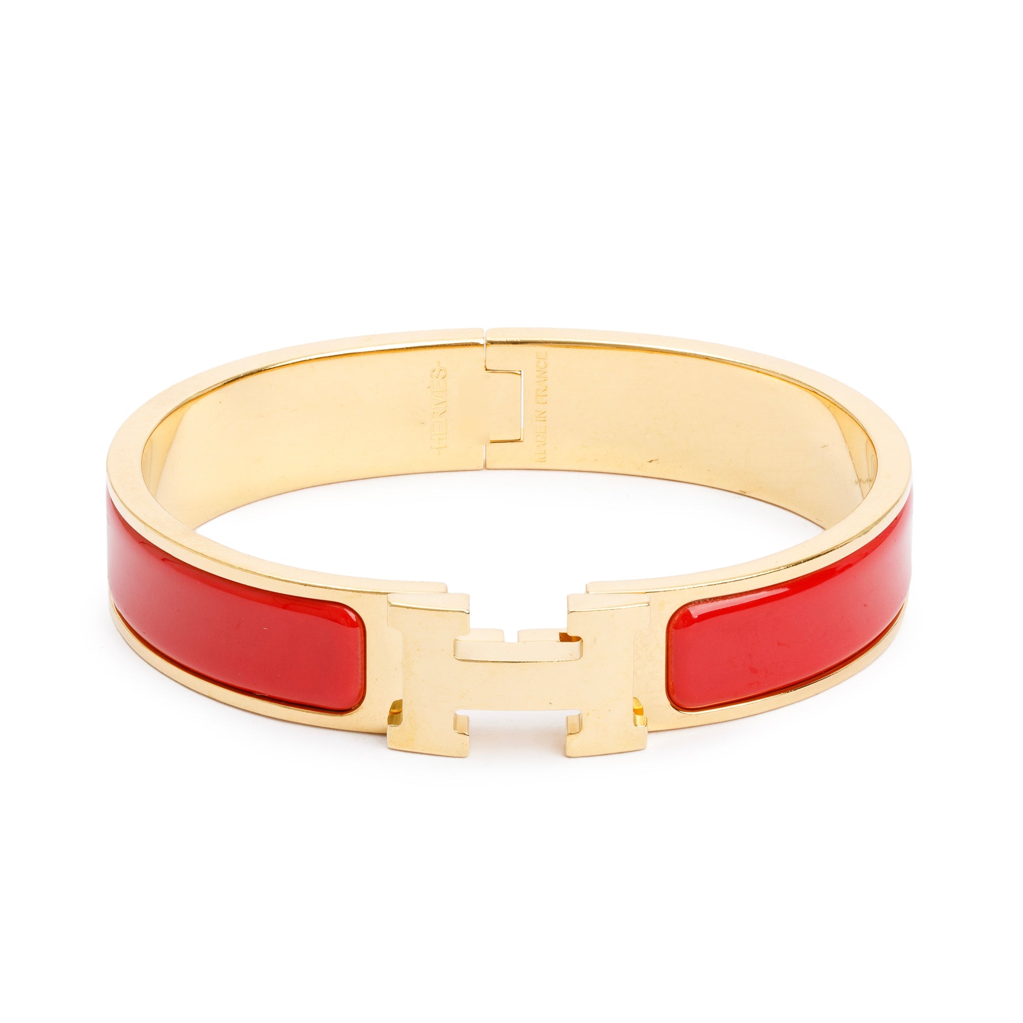 Hermes Gold-Plated Red Enamel 12 MM Clic H Bracelet w/ Box