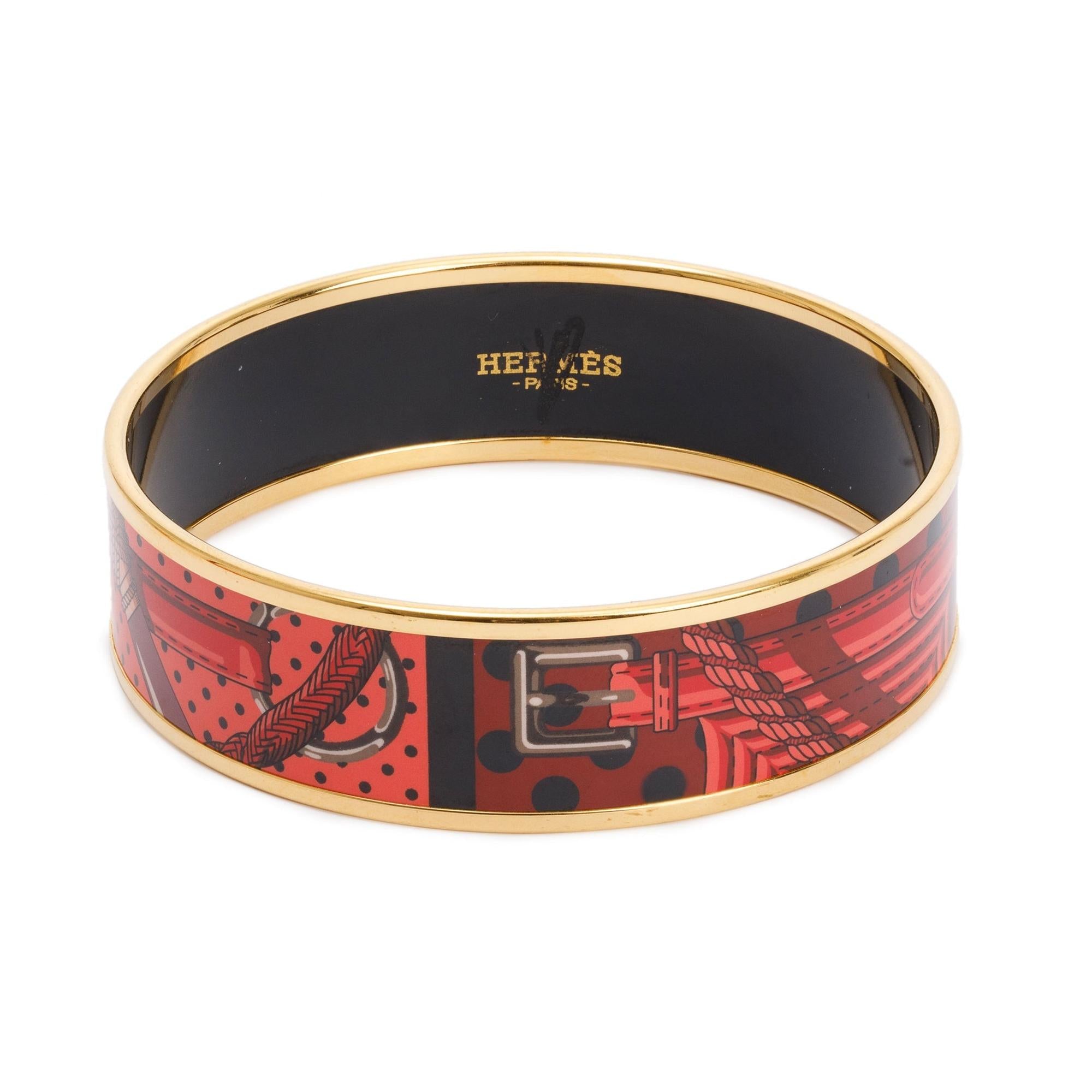 Hermes Gold-Plated Red Enamel Wide Bangle w/ Box