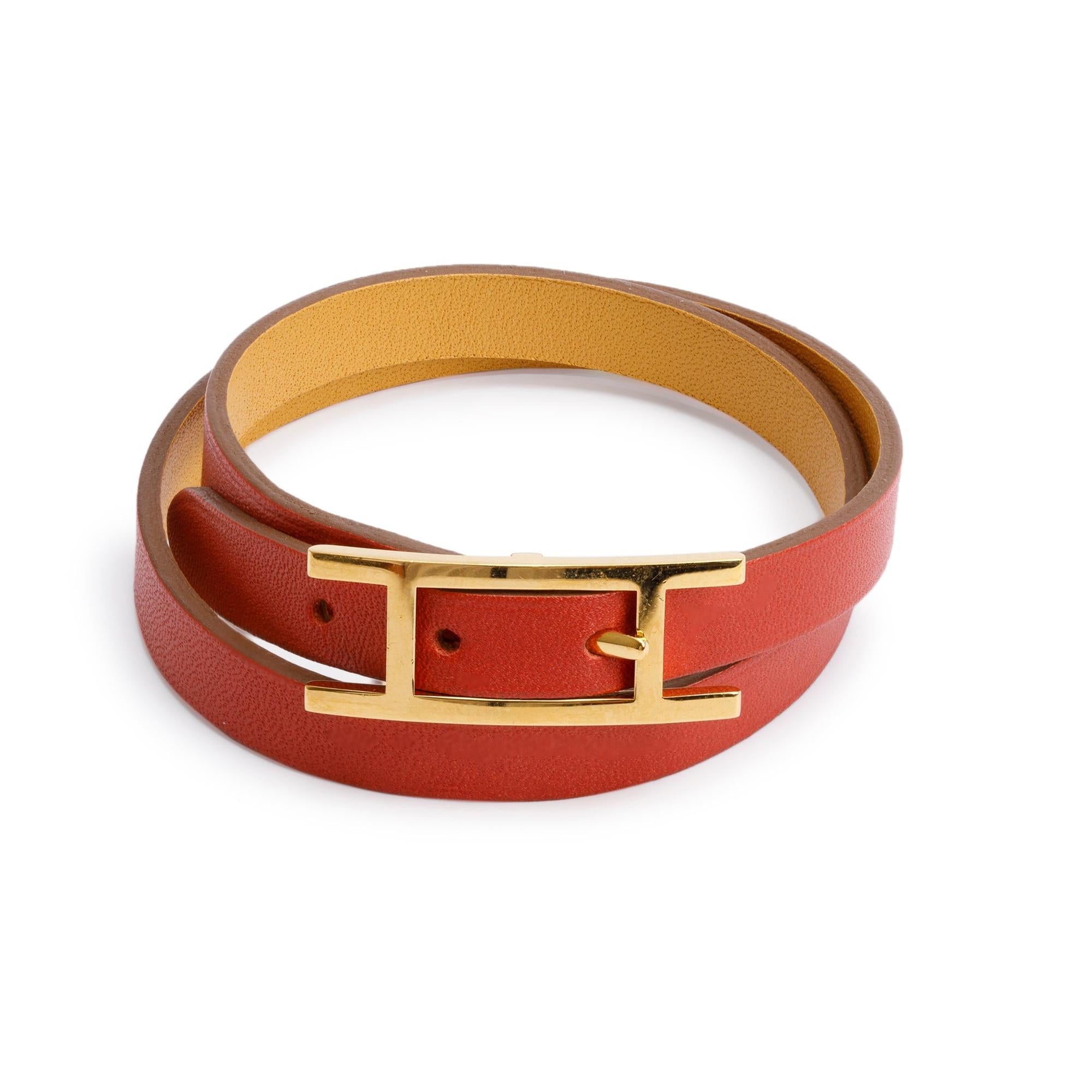 Hermes Gold Plated Red/Yellow Swift Leather Behapi Double Tour Bracelet w/ Box