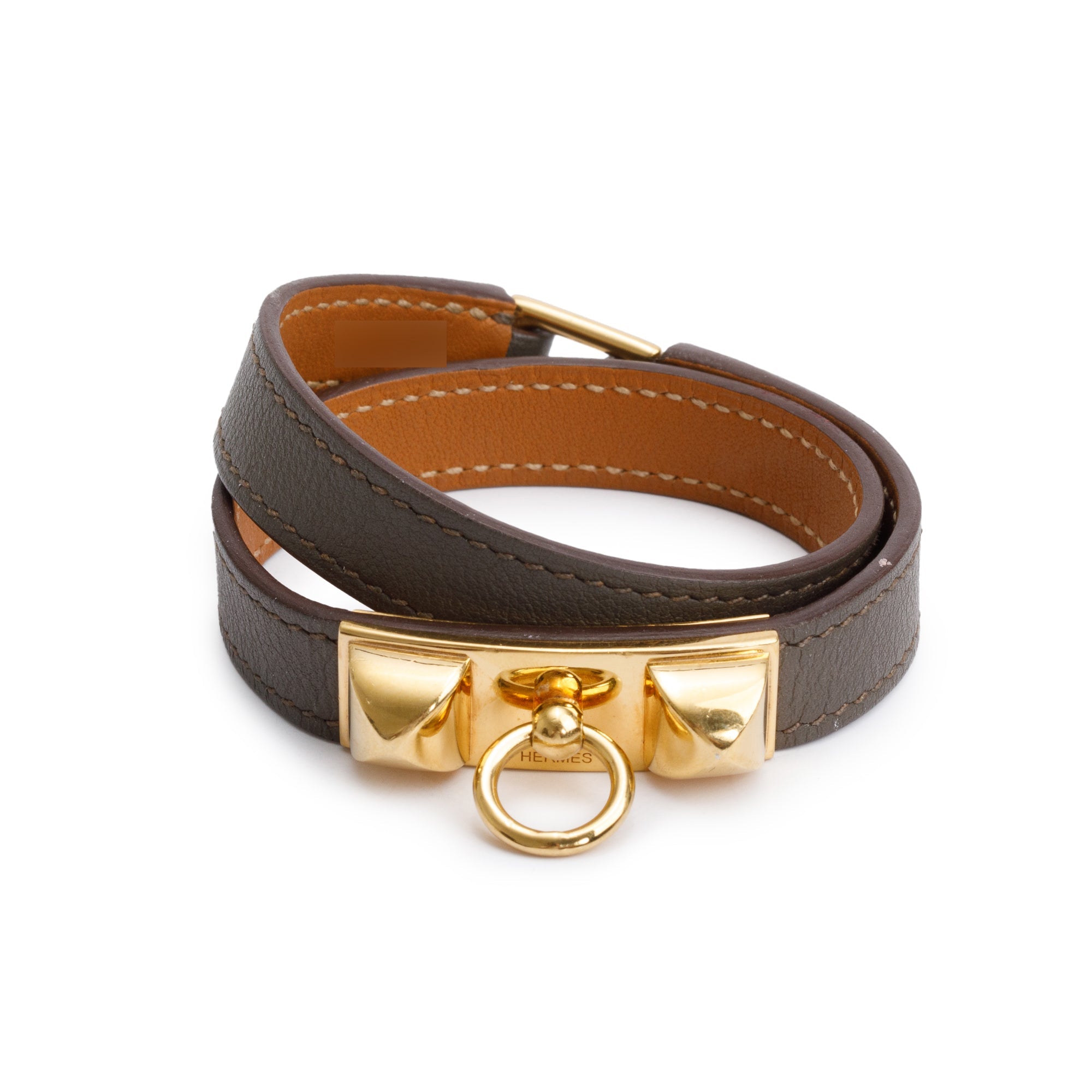 Hermes Gold Plated Rivale Double Tour Etoupe Leather Bracelet, Size S w/ Box