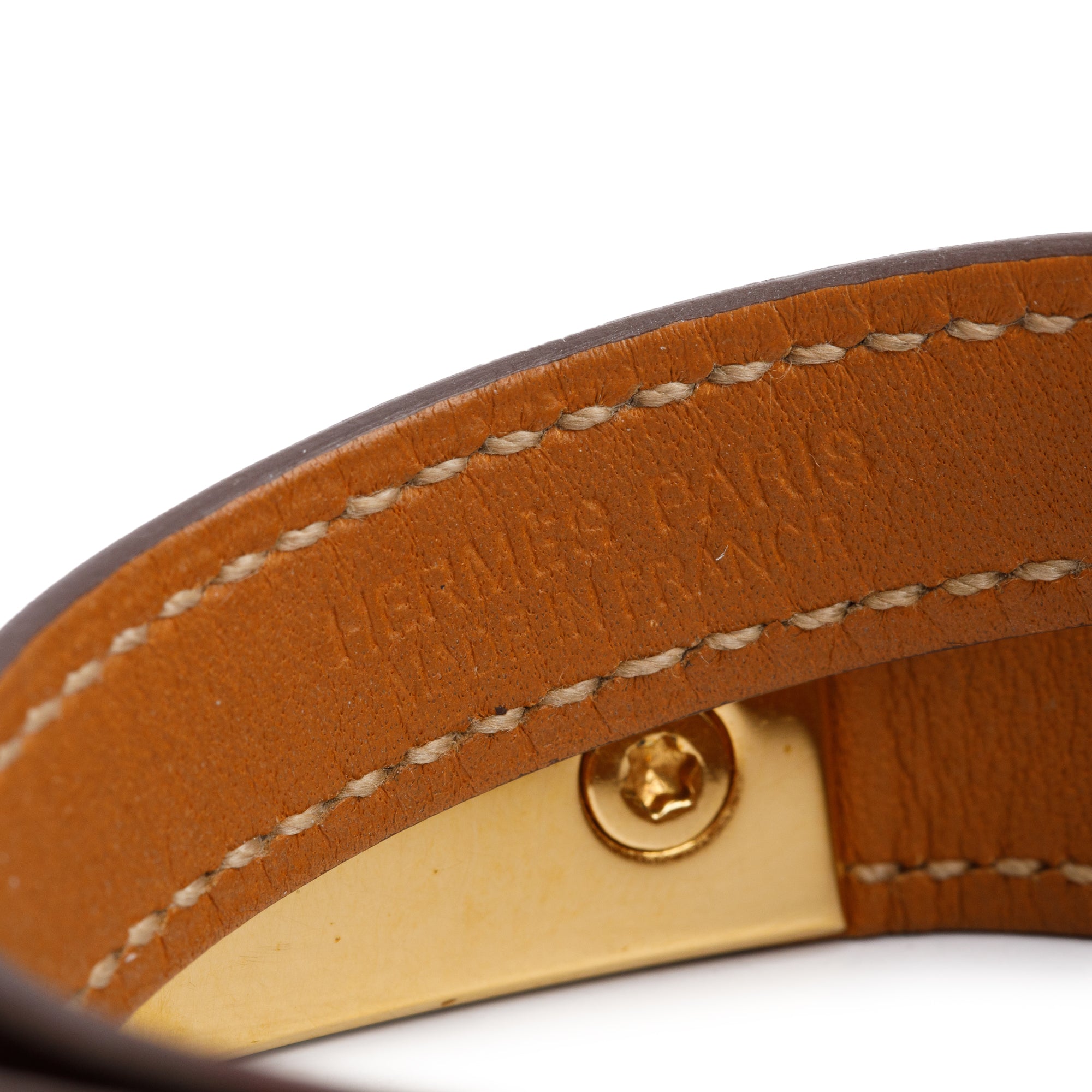 Hermes Gold Plated Rivale Double Tour Etoupe Leather Bracelet, Size S w/ Box