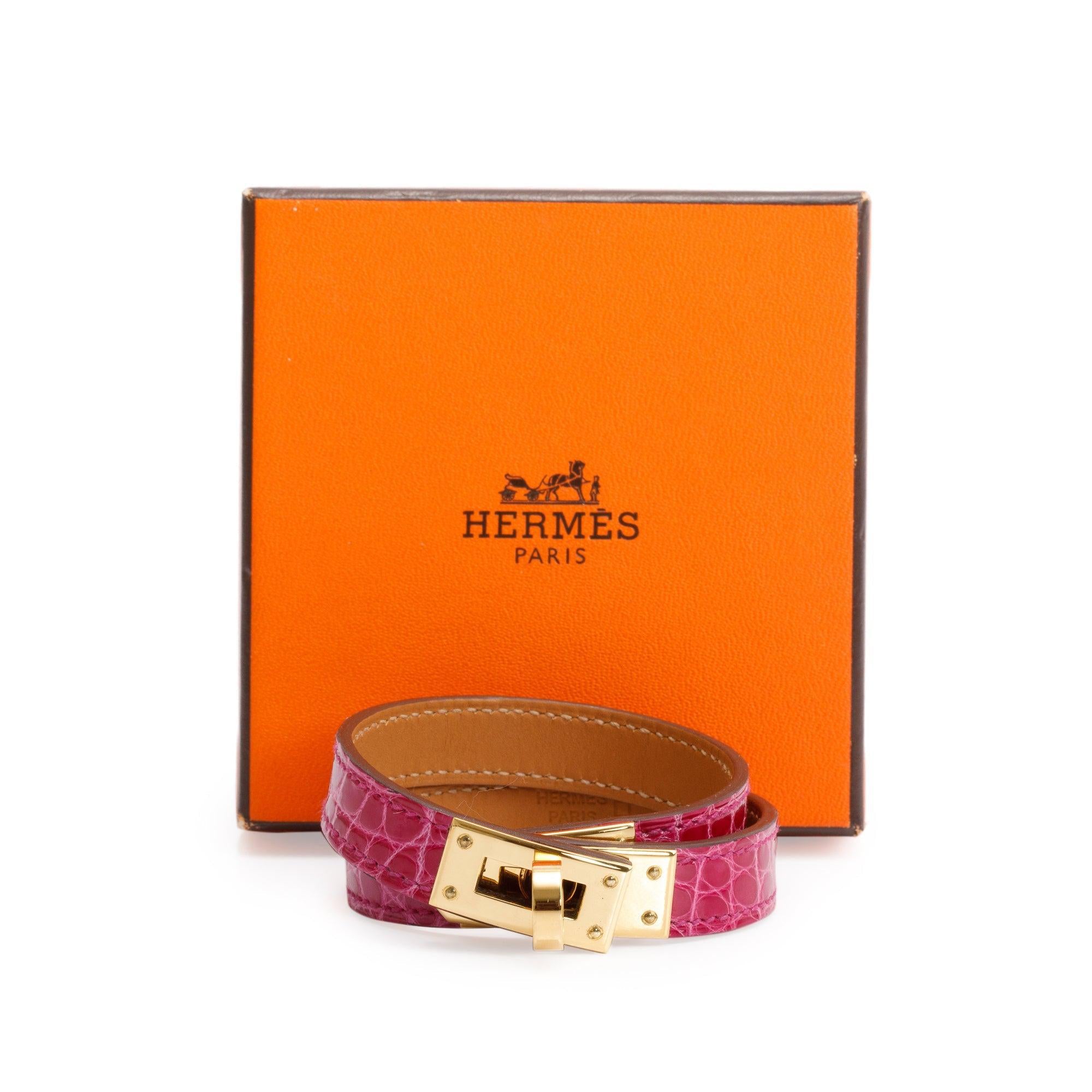 Hermes Gold Plated Rose Scheherazade Alligator Kelly Double Tour Bracelet, Size S w/ Box
