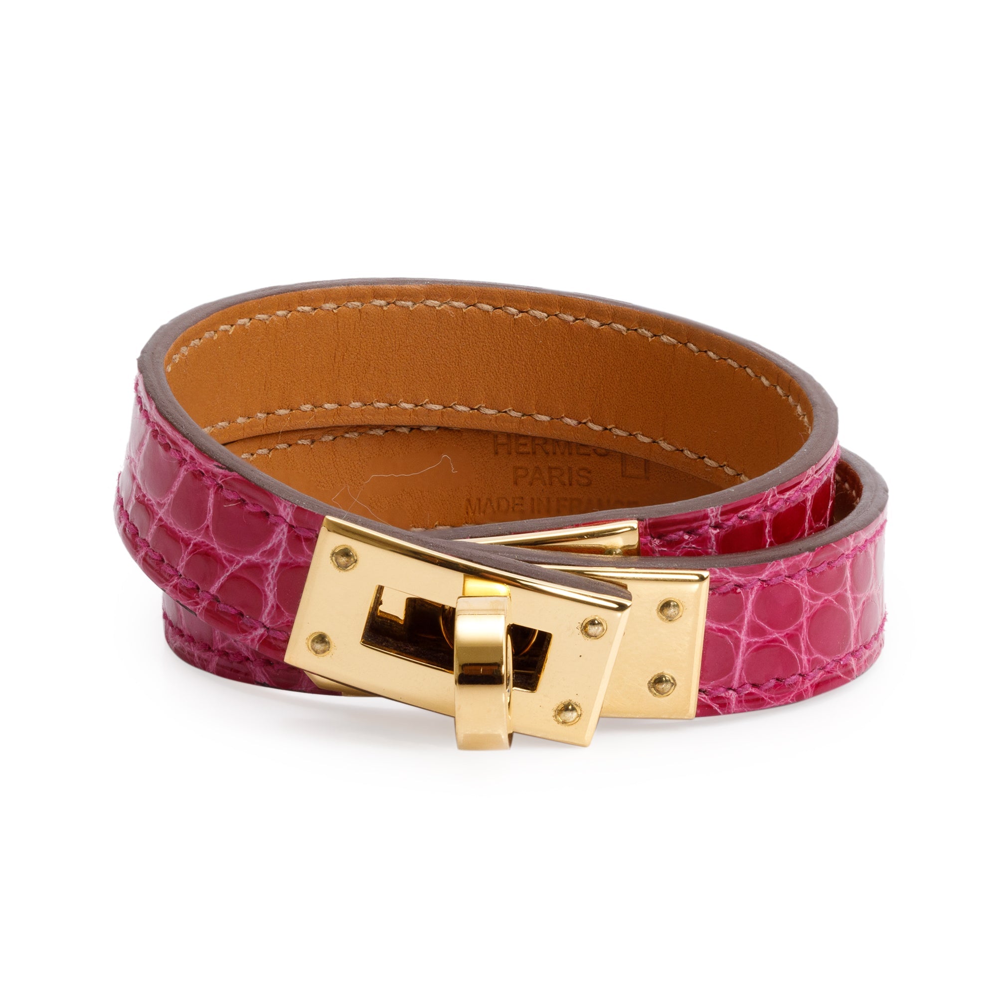 Hermes Gold Plated Rose Scheherazade Alligator Kelly Double Tour Bracelet, Size S w/ Box