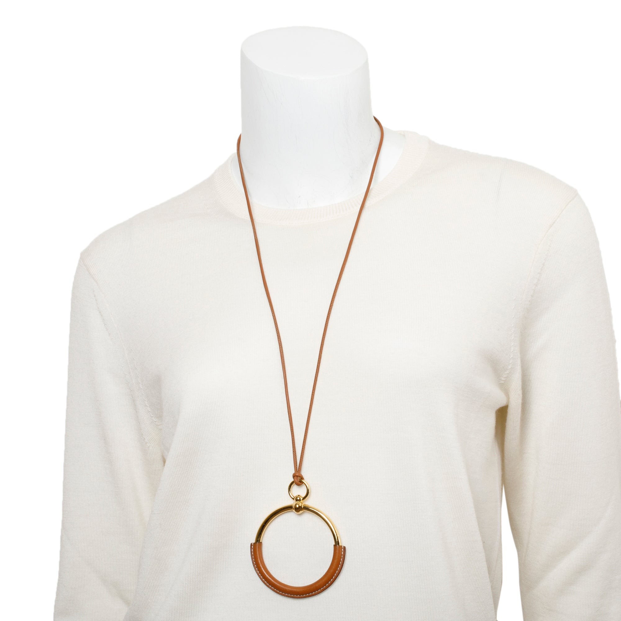Hermes Gold-Plated Tan Swift Leather Loop Pendant Necklace