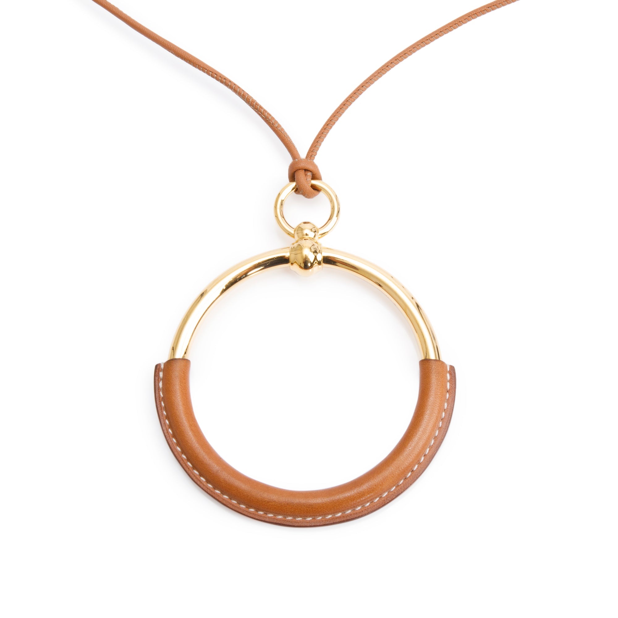 Hermes Gold-Plated Tan Swift Leather Loop Pendant Necklace
