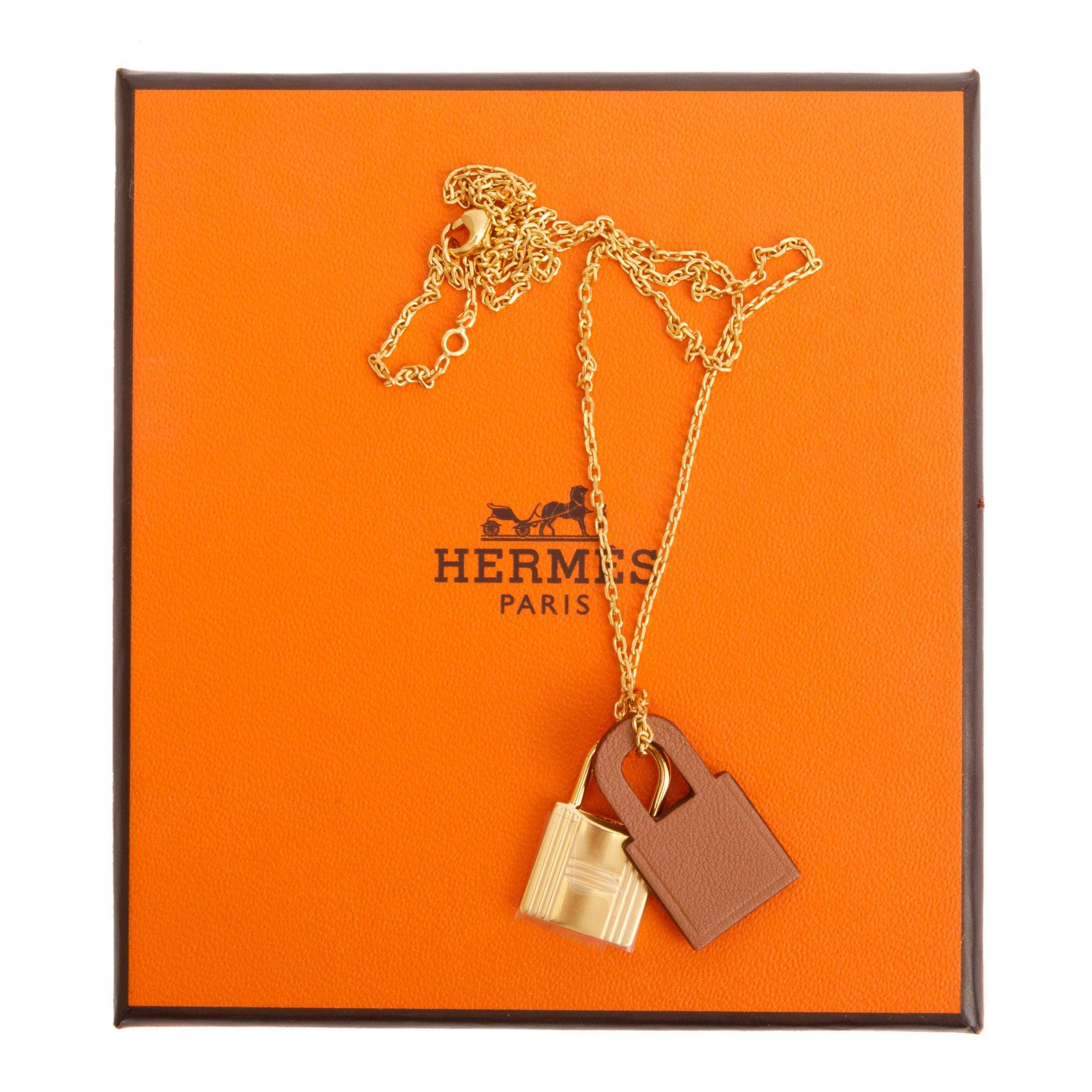 Hermes Gold-Plated Tan Swift Leather O'Kelly Pendant Necklace w/ Box