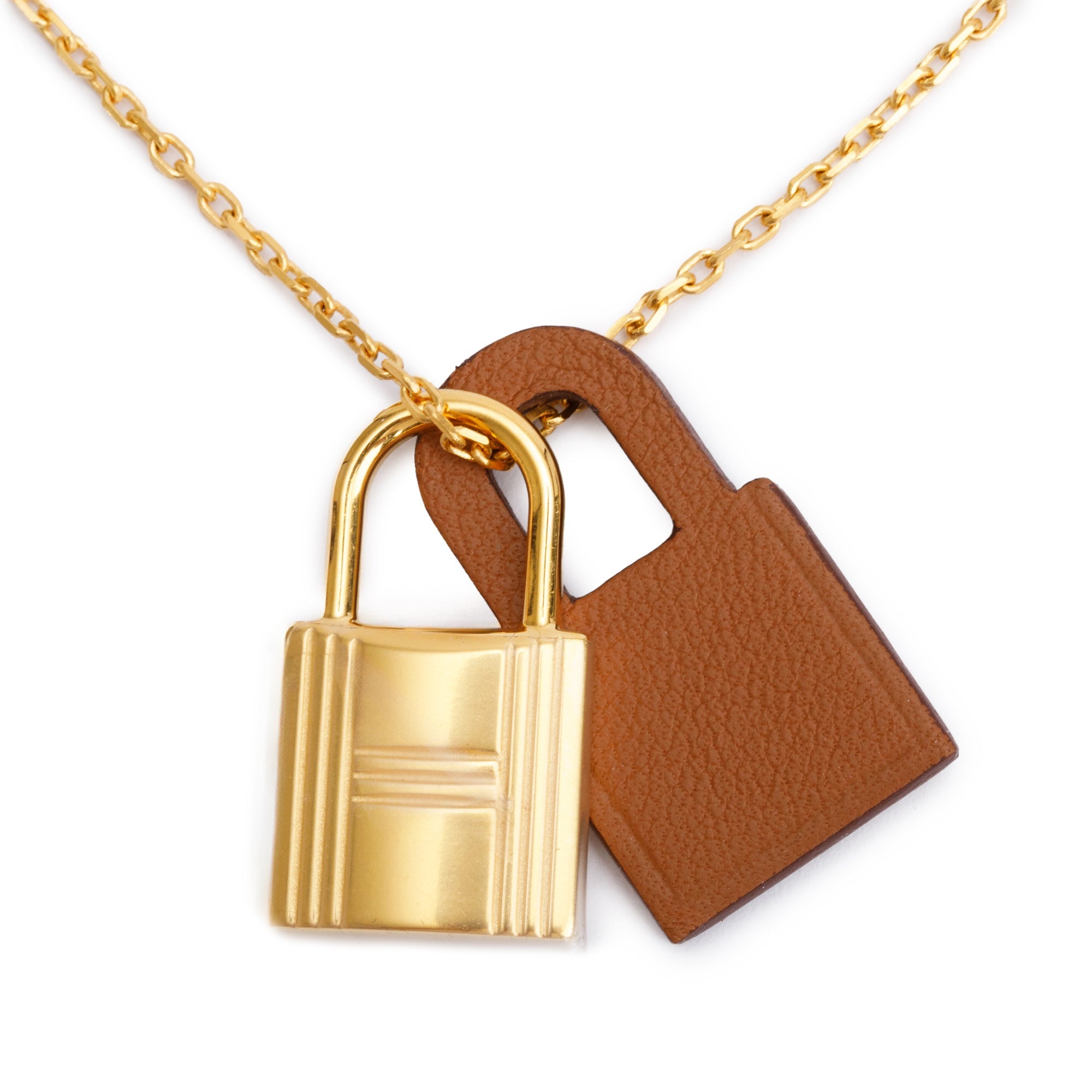 Hermes Gold-Plated Tan Swift Leather O'Kelly Pendant Necklace w/ Box