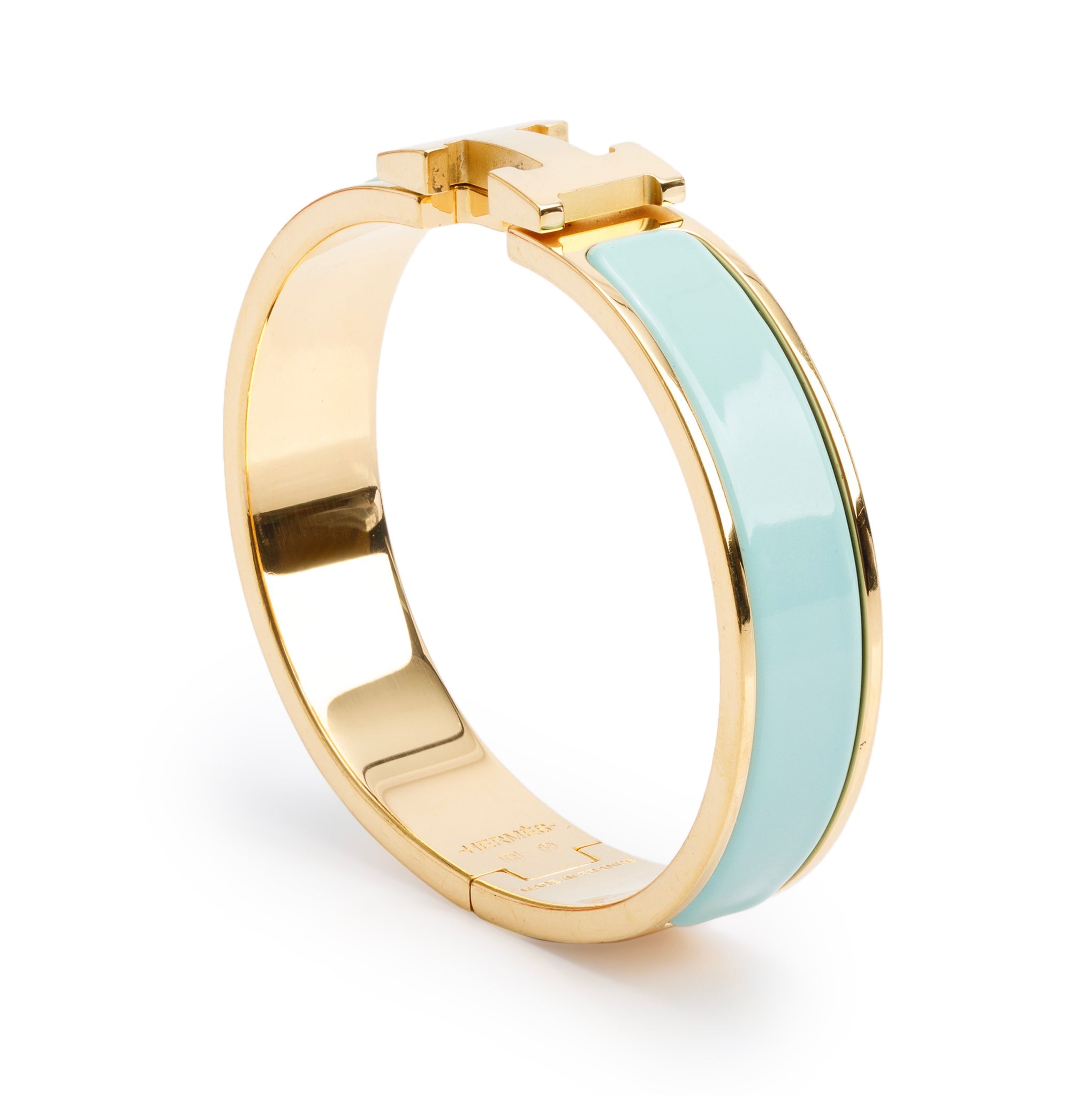 Hermes Gold Plated Turquoise Enamel 12 MM Clic H Bracelet w/ Box