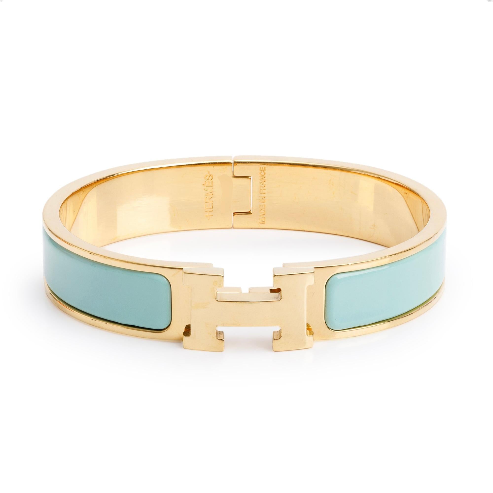 Hermes Gold Plated Turquoise Enamel 12 MM Clic H Bracelet w/ Box