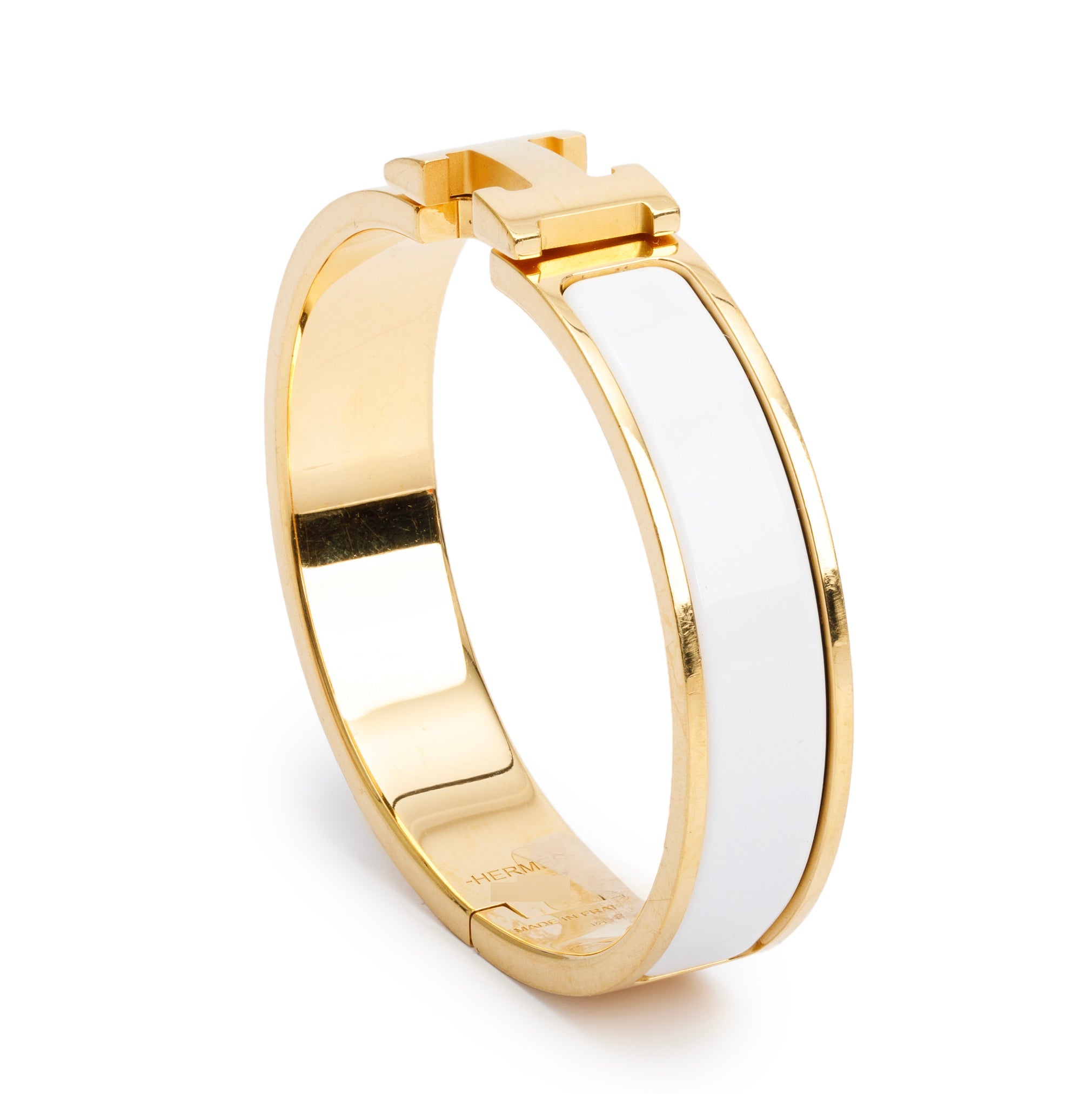 Hermes Gold Plated White Enamel 12 MM Clic H Bracelet w/ Box