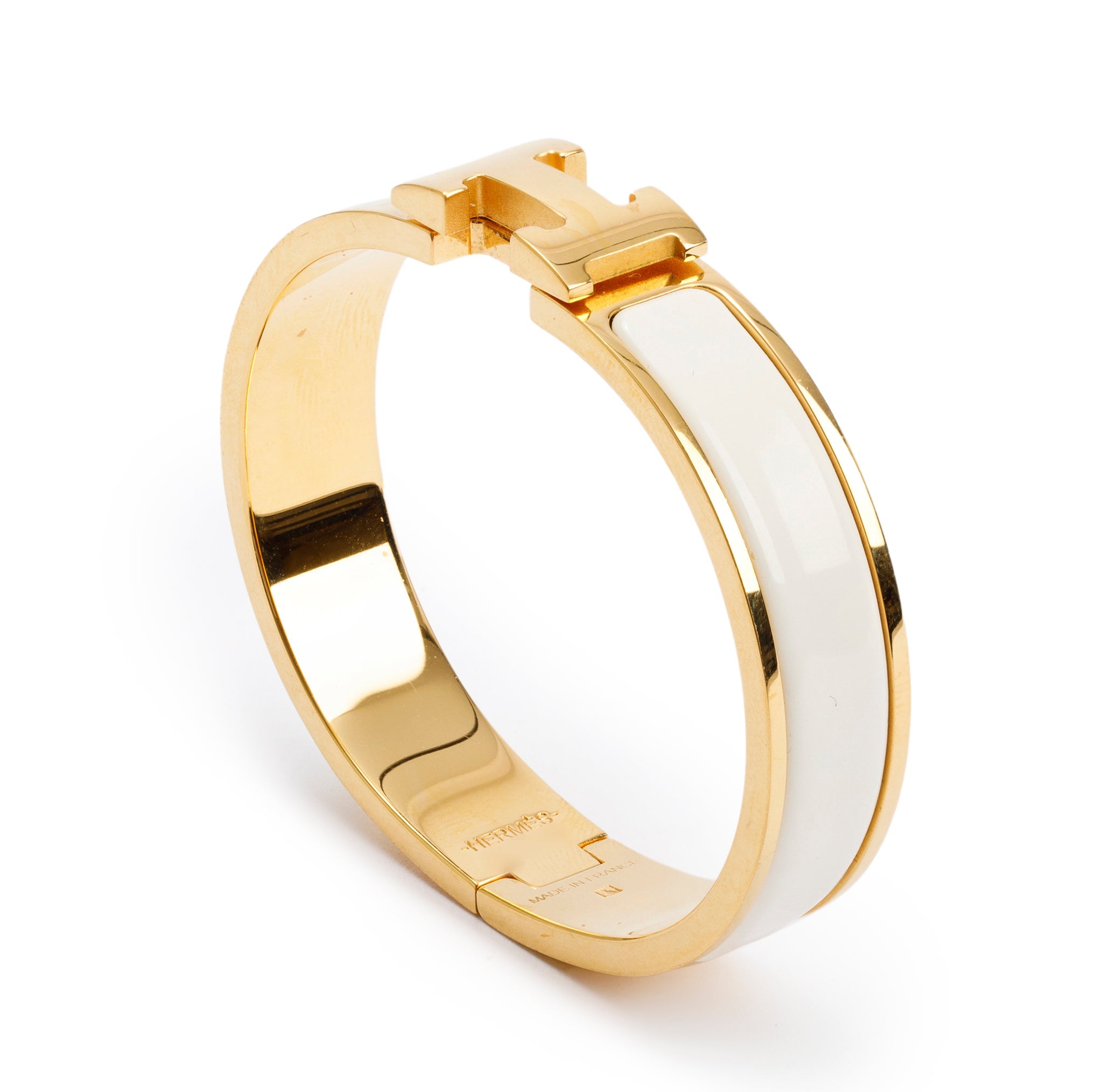 Hermes Gold-Plated White Enamel 12 MM Clic H Bracelet w/ Box