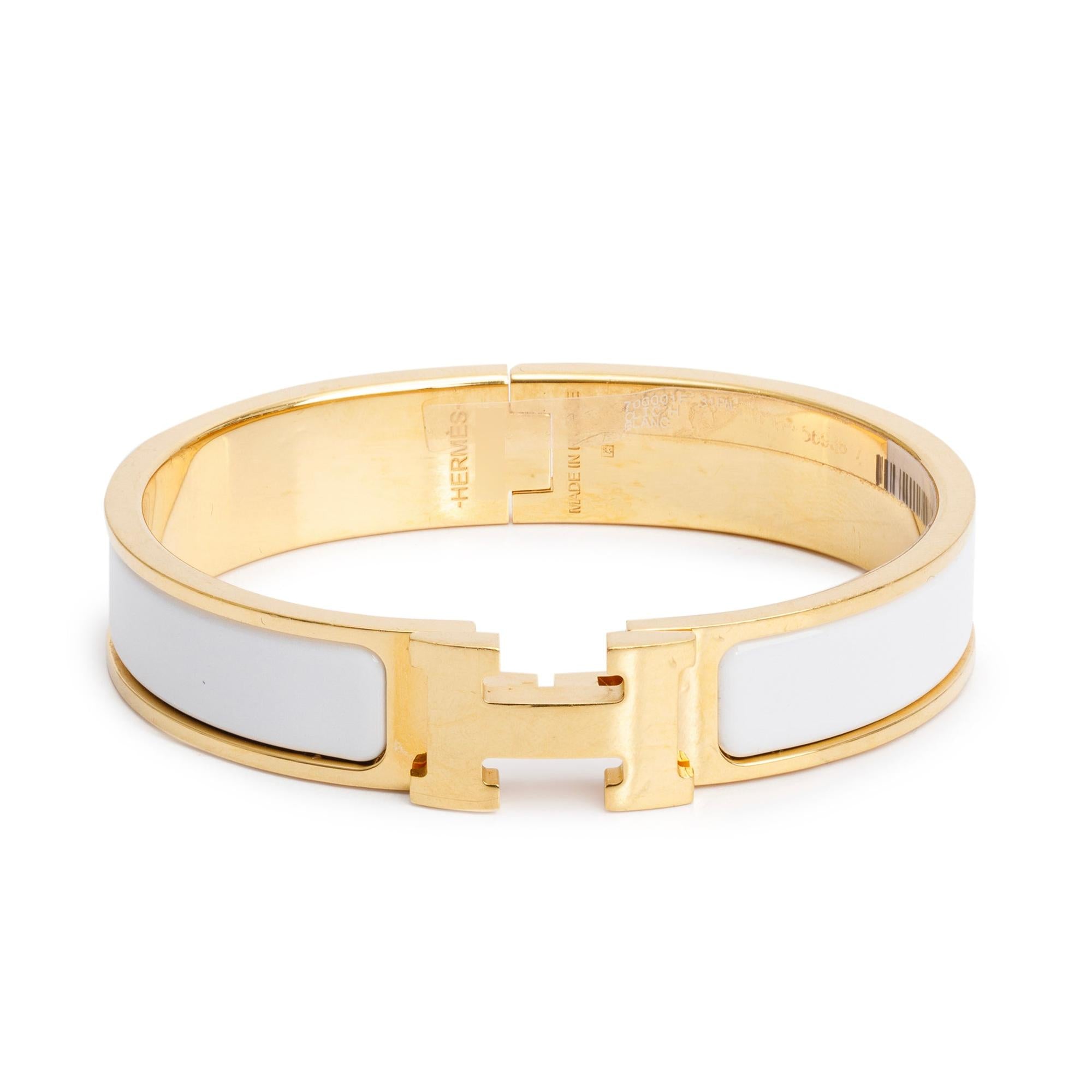 Hermes Gold Plated White Enamel 12 MM Clic H Bracelet w/ Box