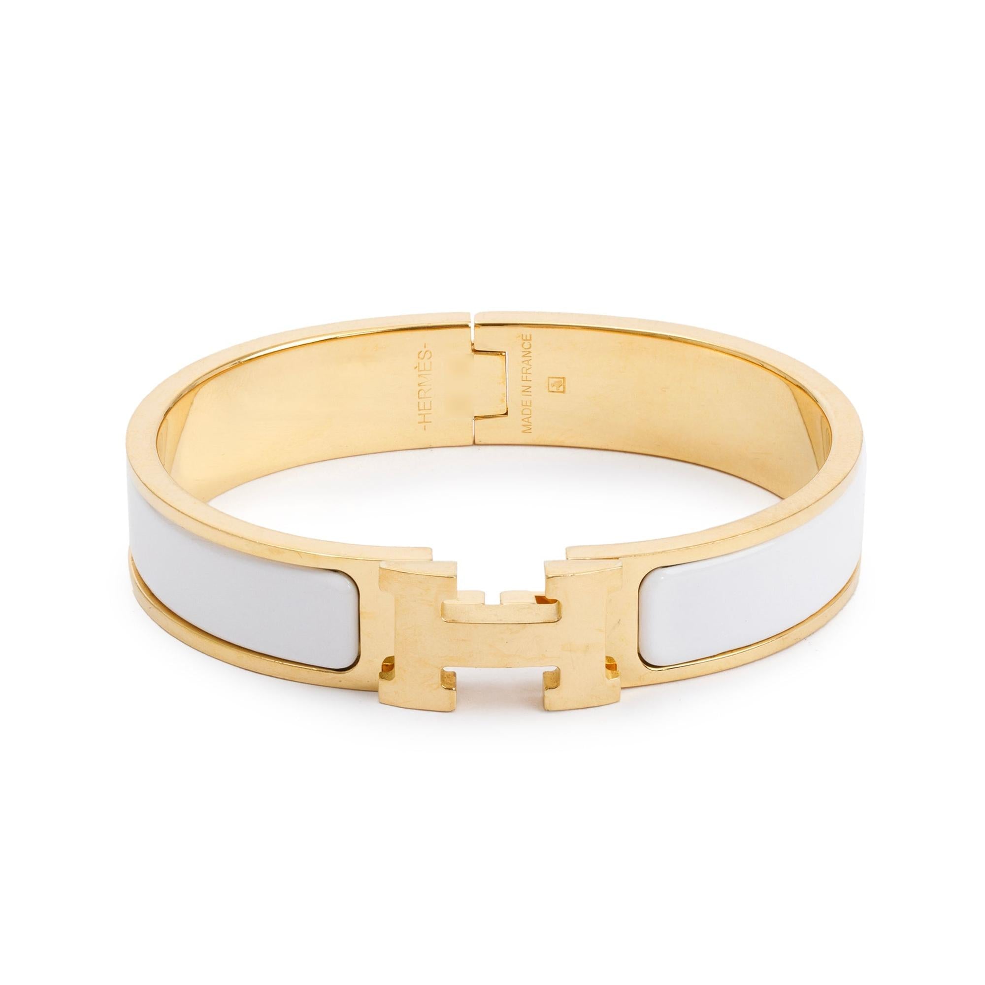 Hermes Gold-Plated White Enamel 12 MM Clic H Bracelet w/ Box