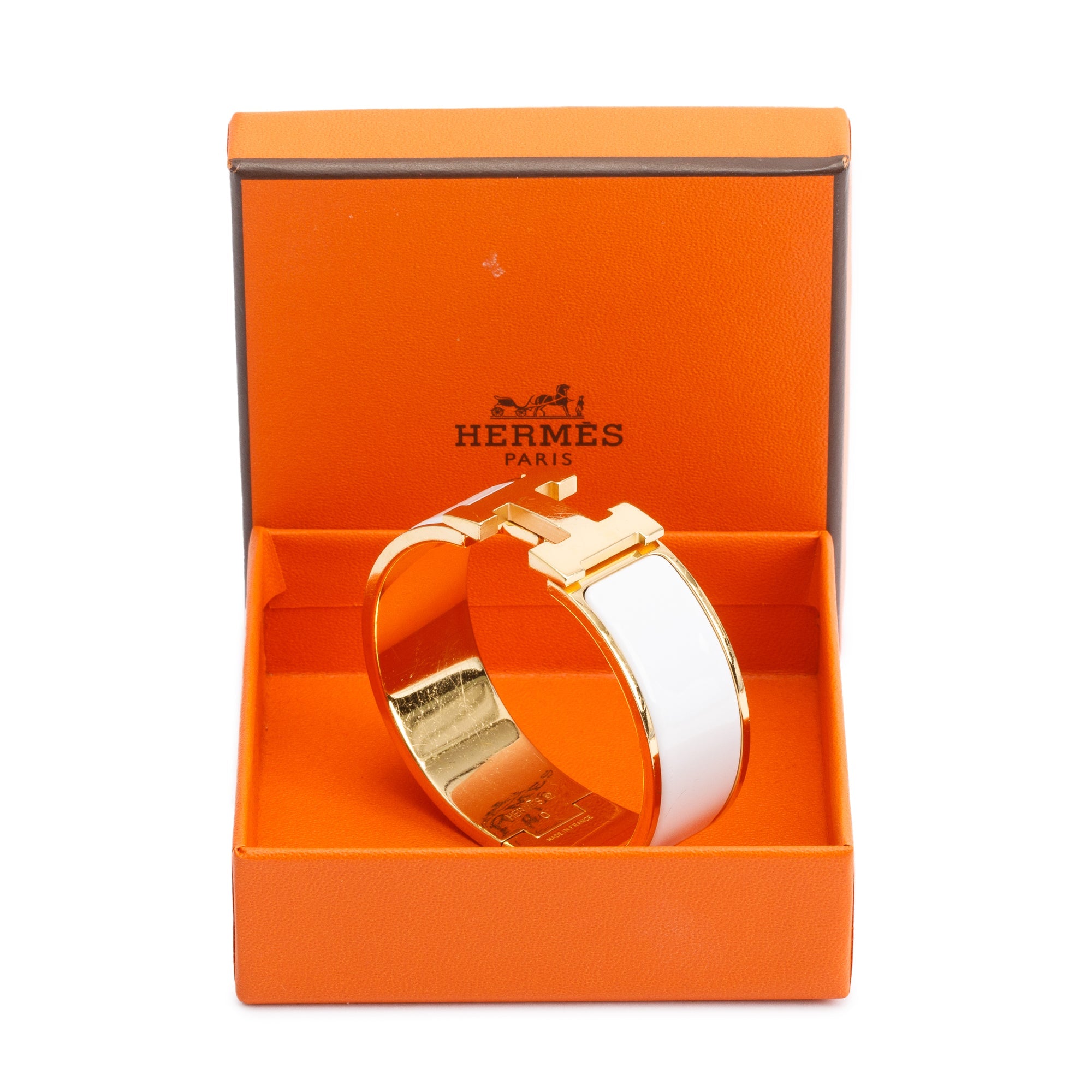 Hermes Gold-Plated White Enamel Clic Clac H Bracelet w/ Box