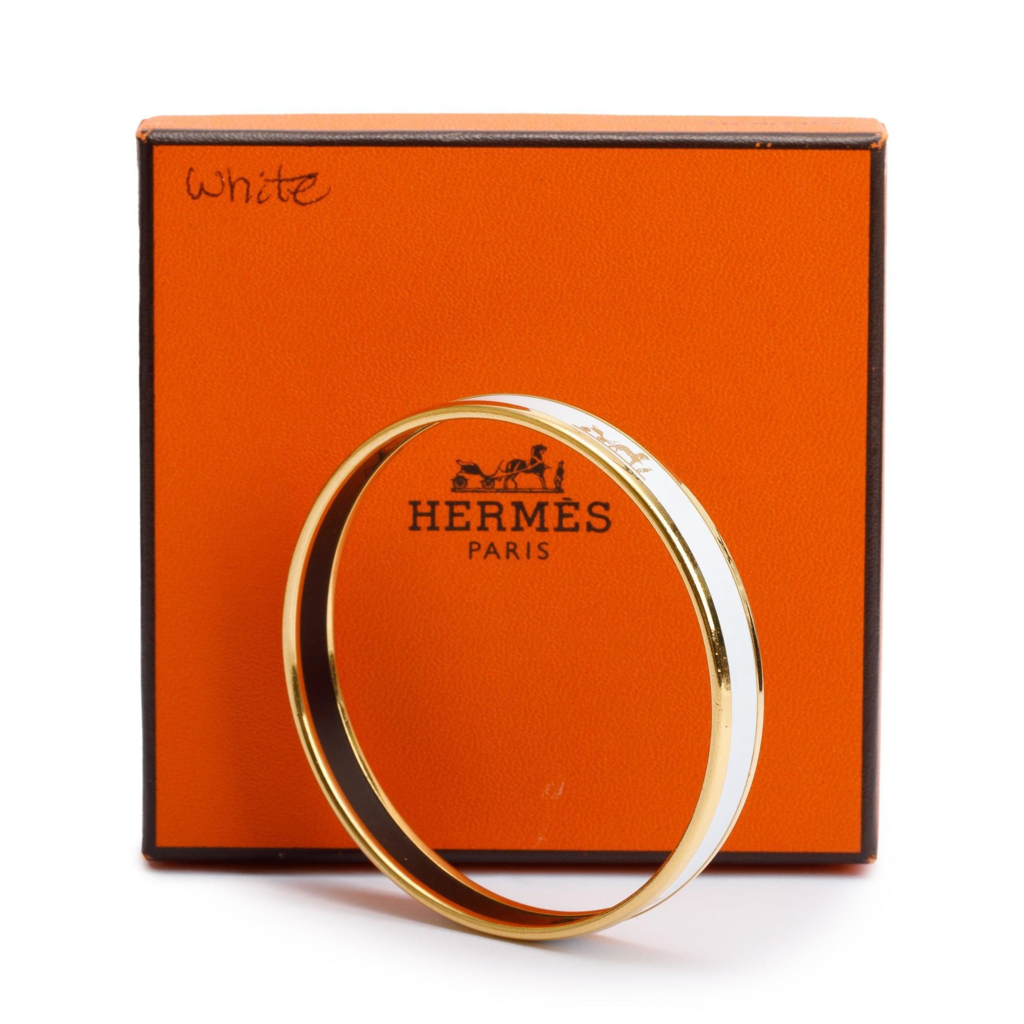 Hermes Gold-Plated White Enamel Narrow Bangle w/ Box