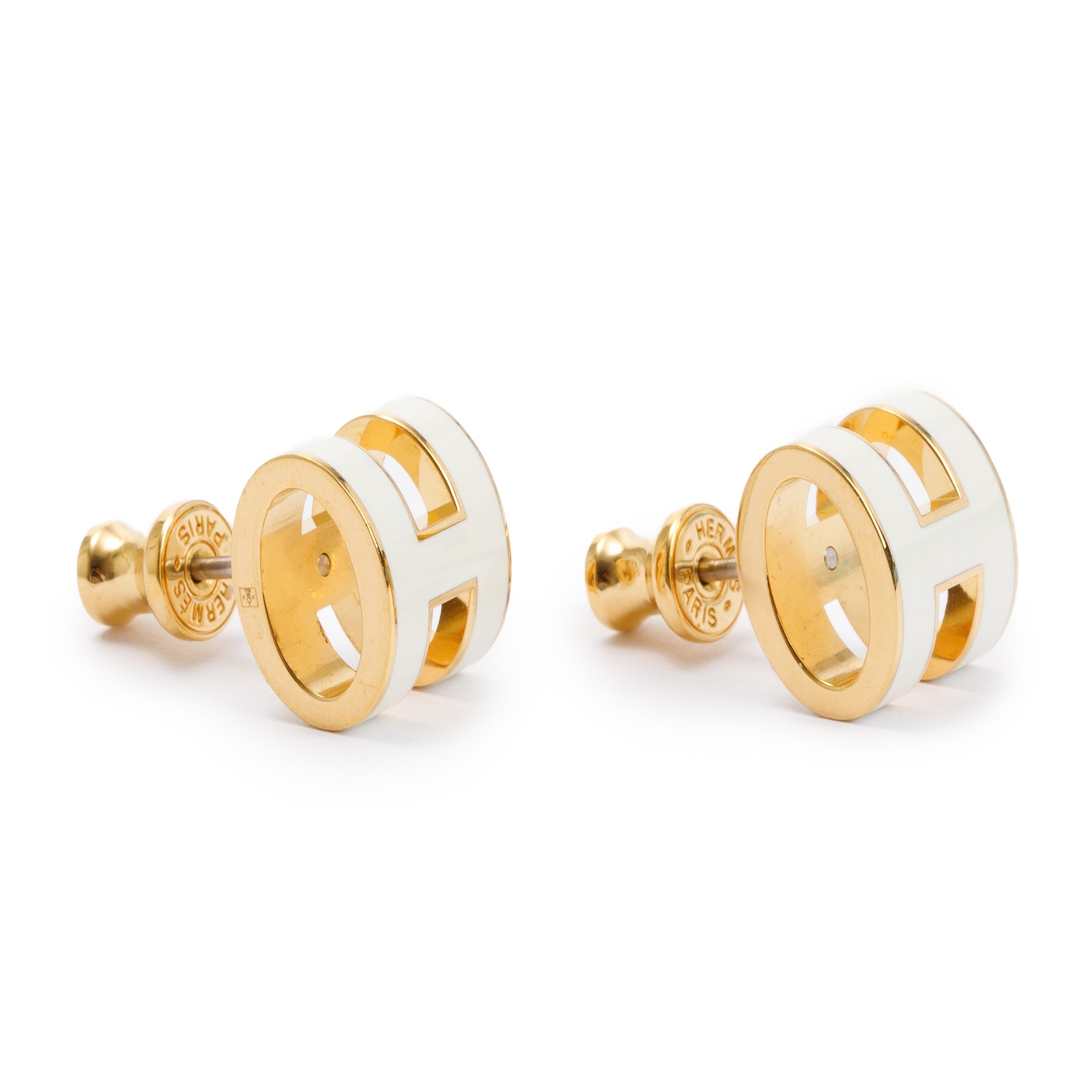 Hermes Gold Plated White Lacquered Pop H Earrings w/ Box