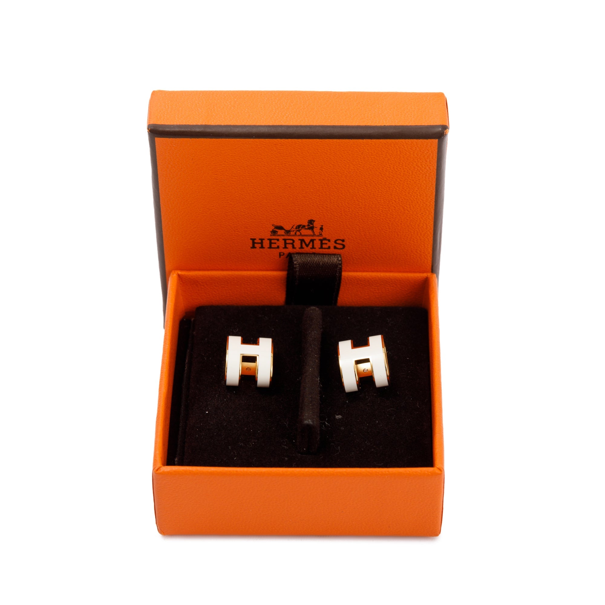 Hermes Gold Plated White Lacquered Pop H Earrings w/ Box